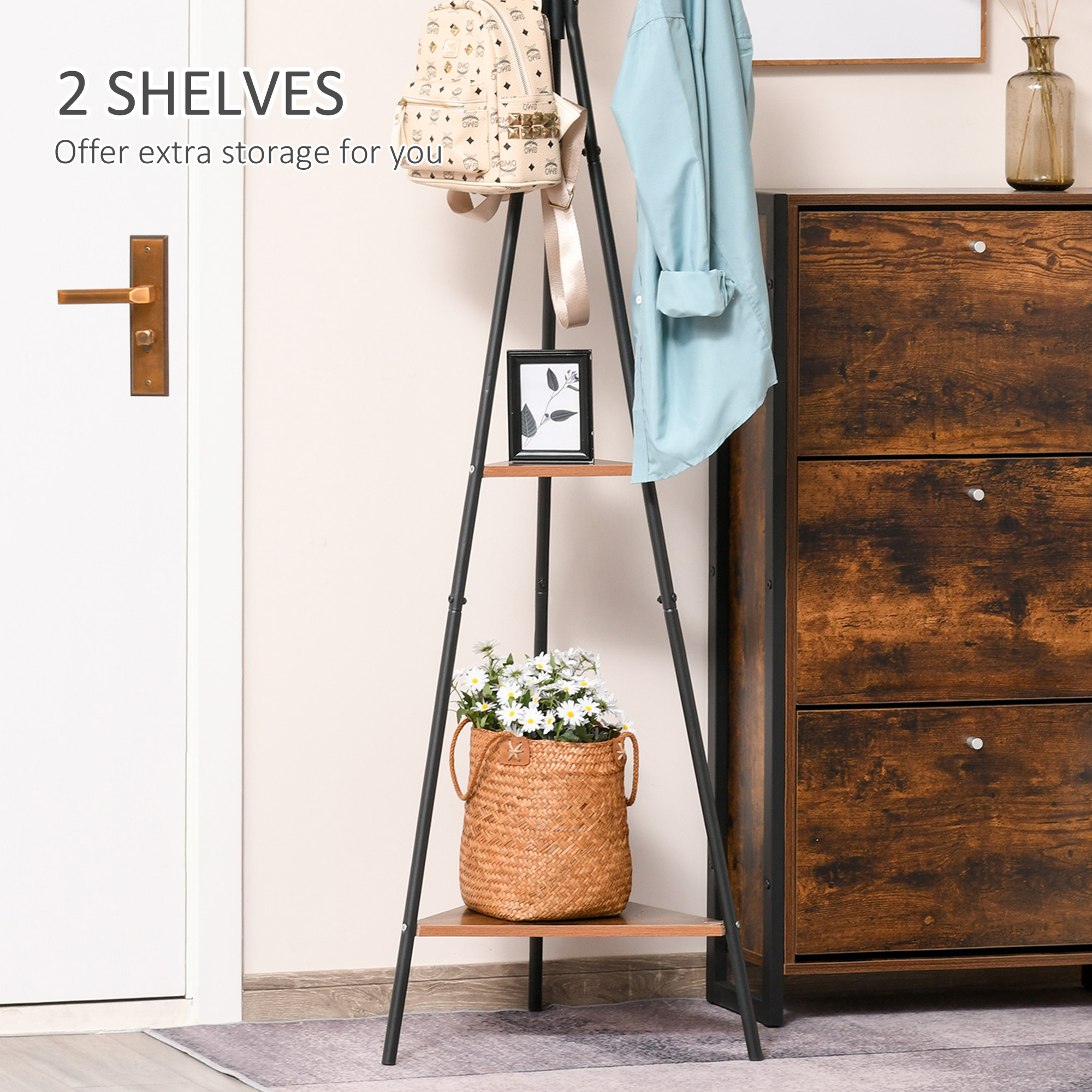  Cuier la copac pentru Haine cu 2 Rafturi negru si maro in Metal si Lemn [4]