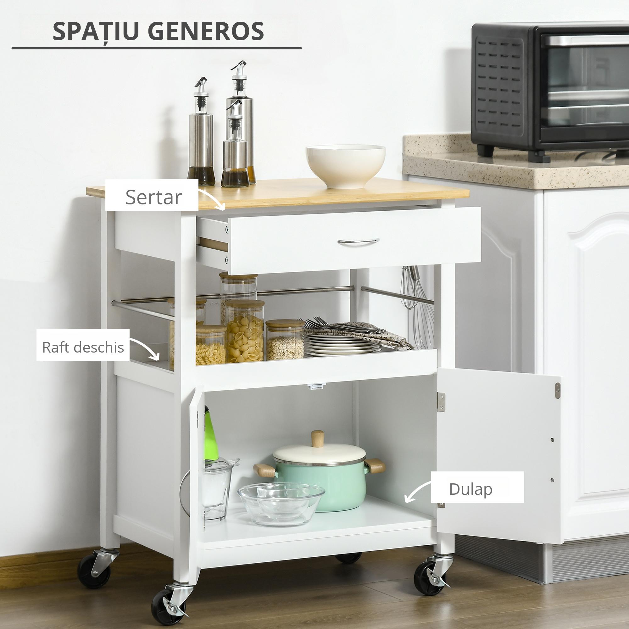  Carucior Bucatarie Mobil Alb Bambus cu Sertar & Raft [5]