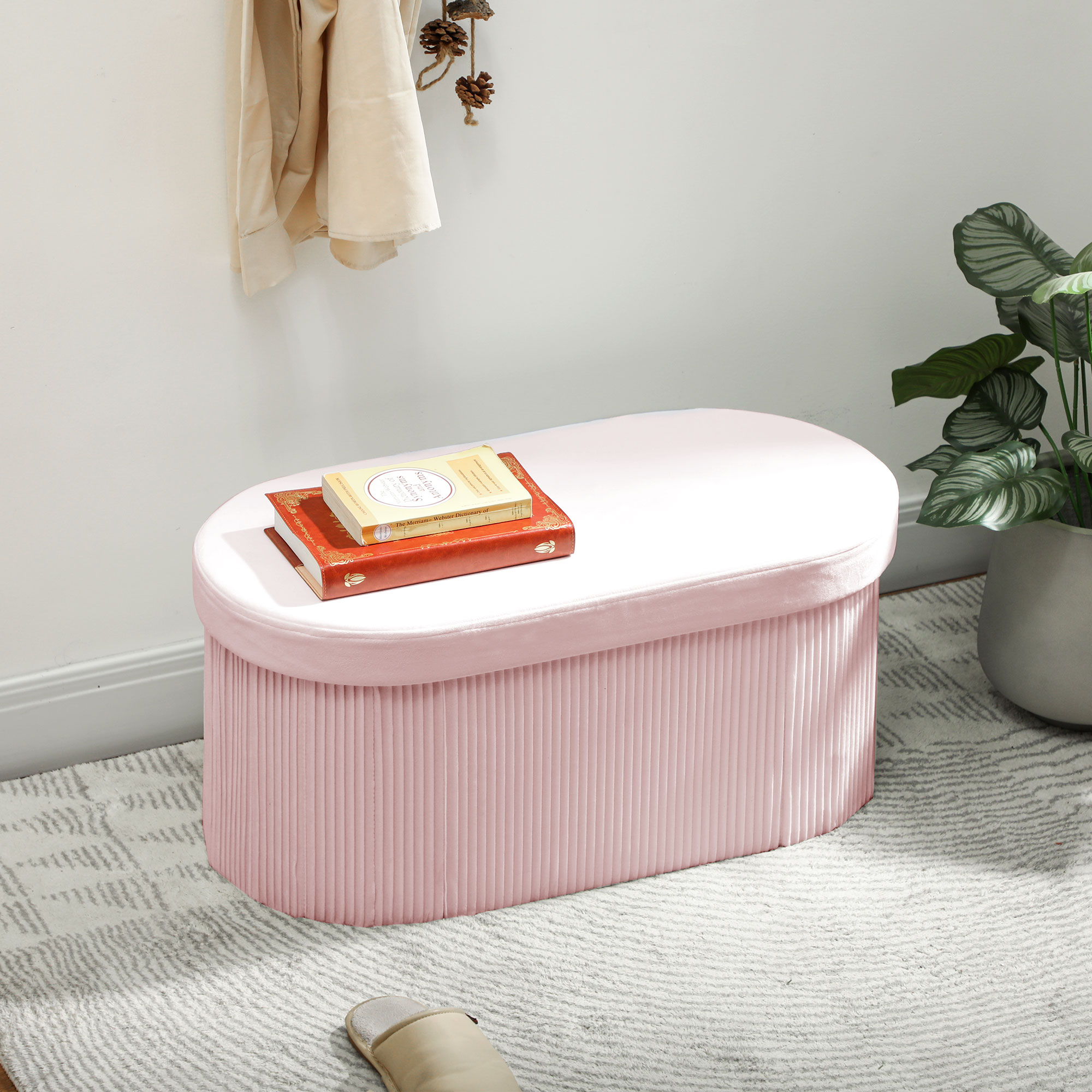  Pouf pliabil cu spatiu de depozitare modern, tapitat cu catifea, 72L, pentru living si dormitor, 76x38x35 cm, Roz [1]