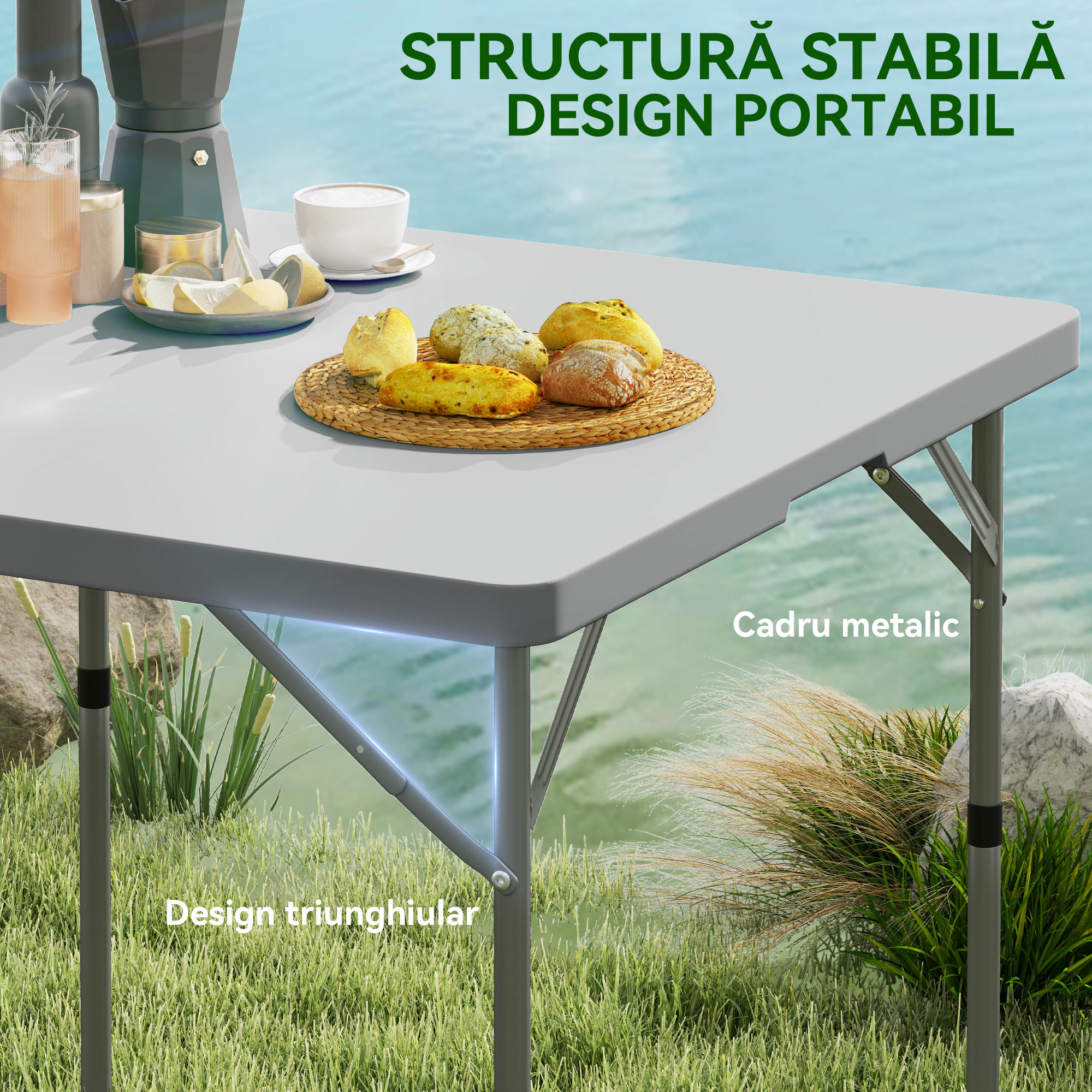  Masa de Camping Pliabila cu 2 inaltimi Reglabile, 86x86x74 cm, Alb [4]