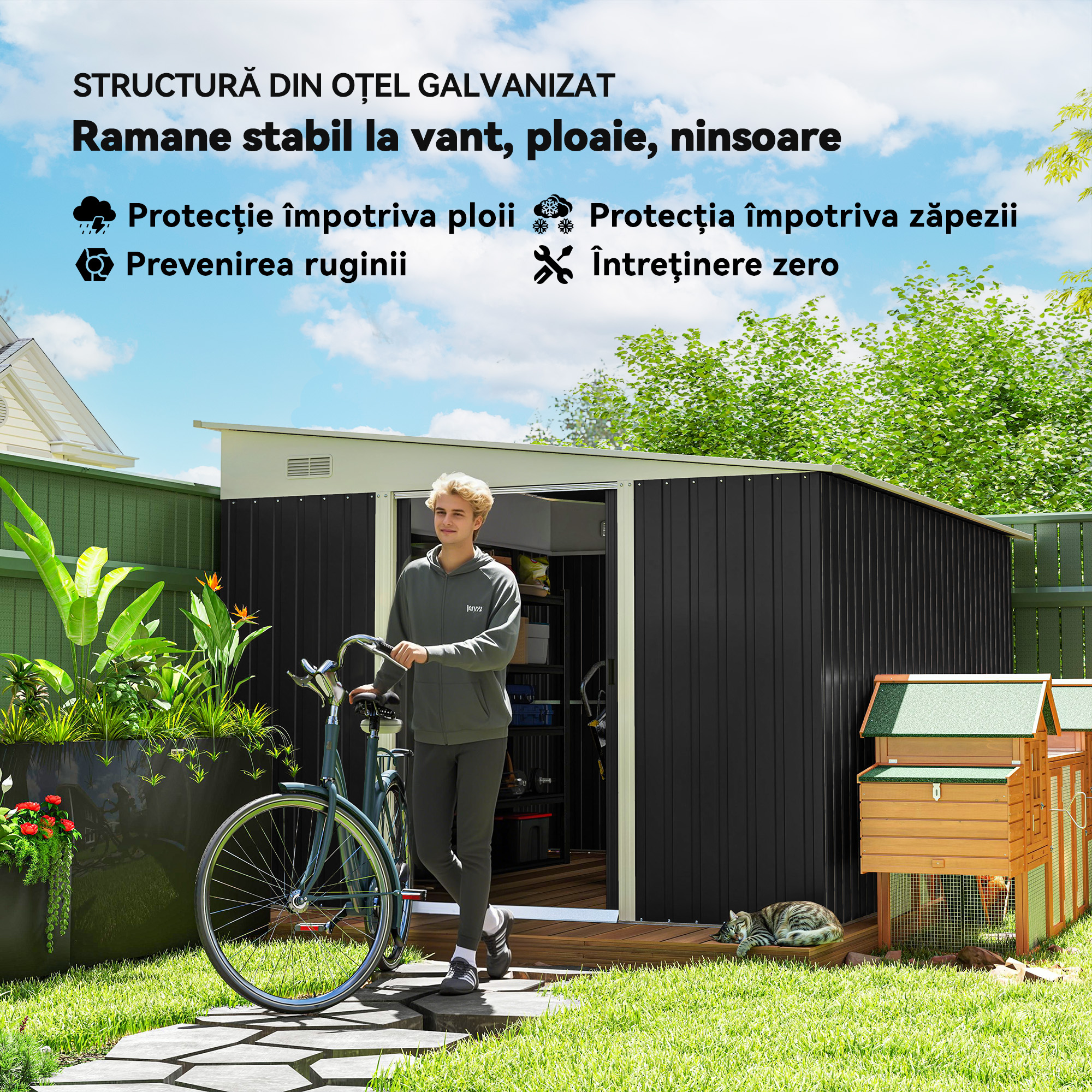 Magazie de Gradina  cu Usa Glisanta si Orificii de Aerisire, din Otel Galvanizat, 345x280.5x169-201 cm, Negru [4]