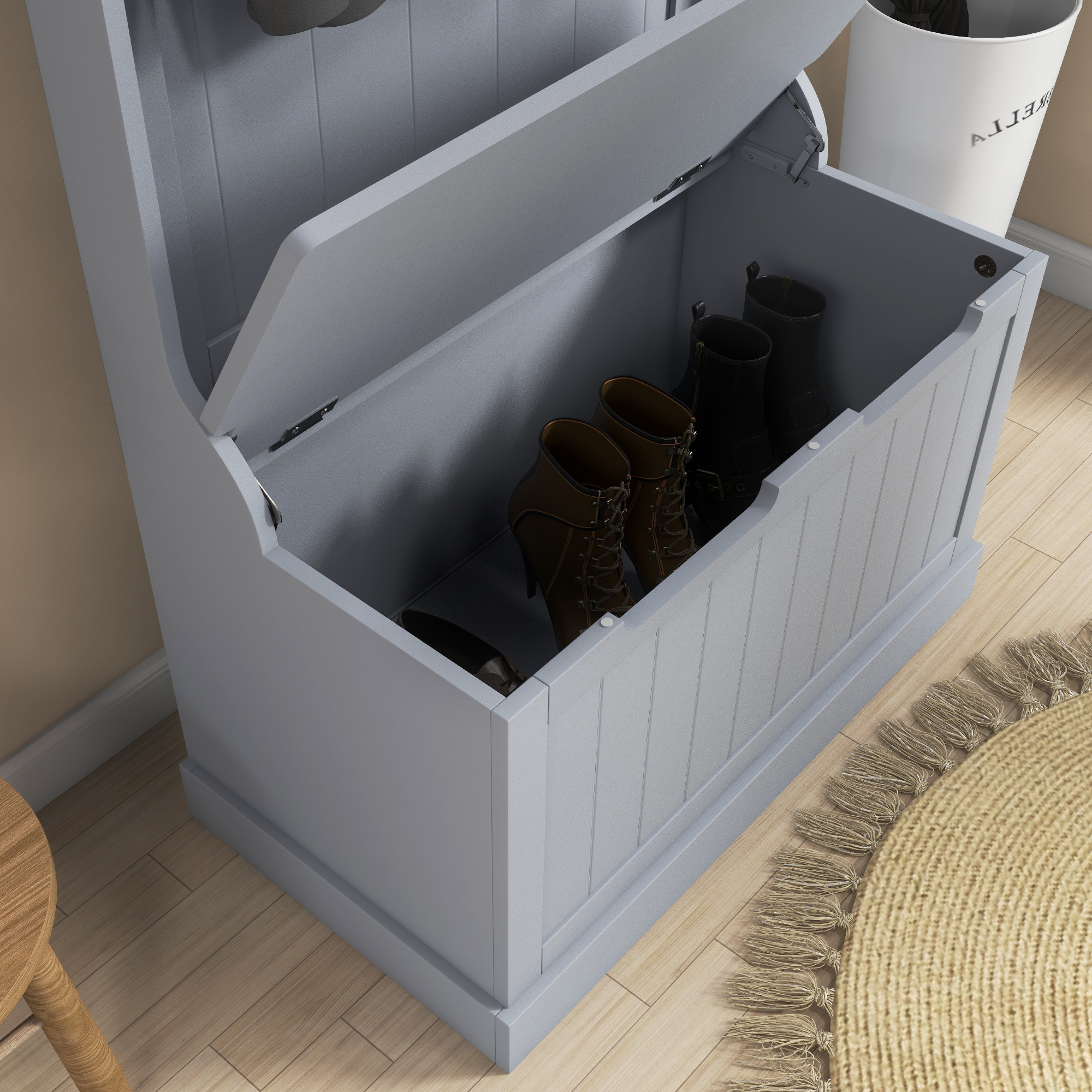  Cuier 3 in 1 cu 4 carlige si banca cu spatiu de depozitare, din lemn, 71,5x39,5x170 cm, gri [7]