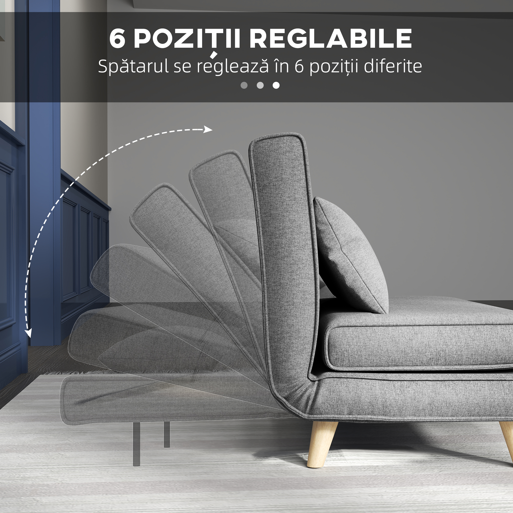  Fotoliu Pat 3 in 1 cu Spatar Reglabil pe 6 Nivele si Perna, Canapea Pat Pliant, 94x78x80 cm, Gri [6]