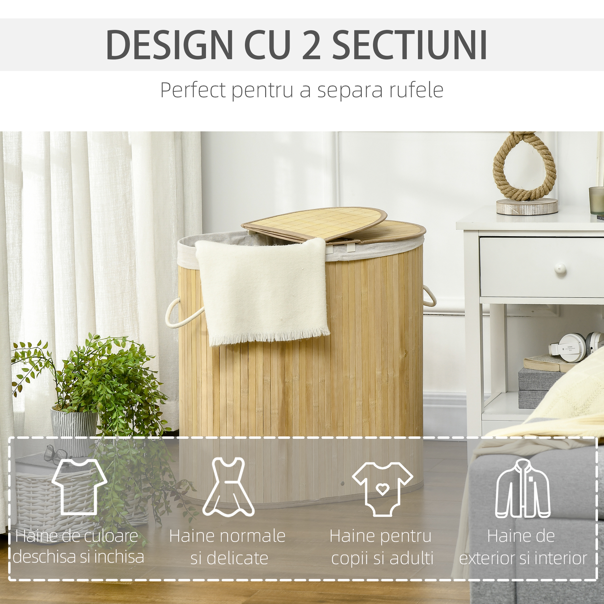  Cos de rufe din bambus cu capac, 100 litri cu 2 sectiuni, captuseala detasabila lavabila, 62,5 x 37 x 60,5 cm, natural [5]