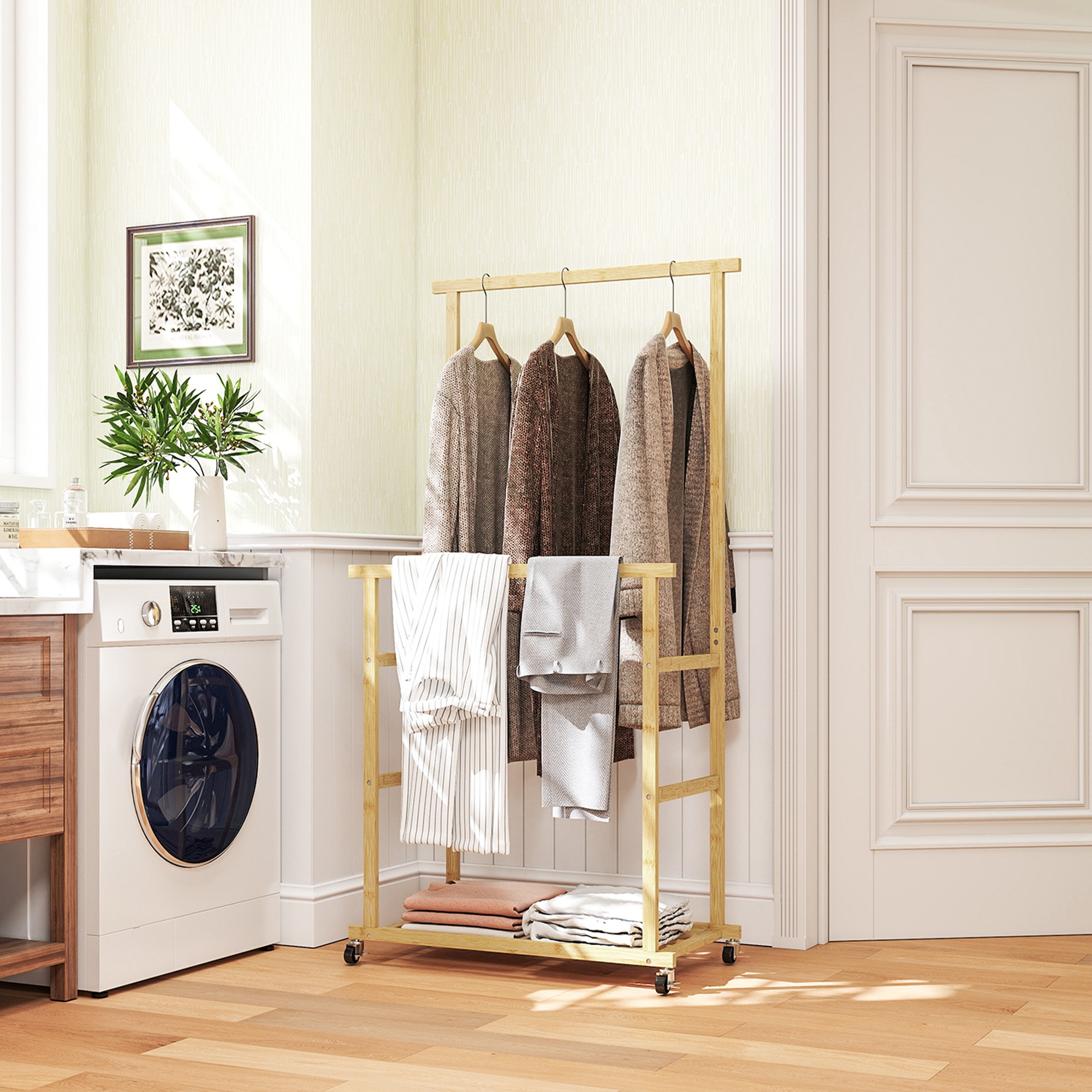  Suport pentru haine cu 2 bare, raft inferior si 4 roti din bambus, 80x40x160 cm, lemn natural [8]