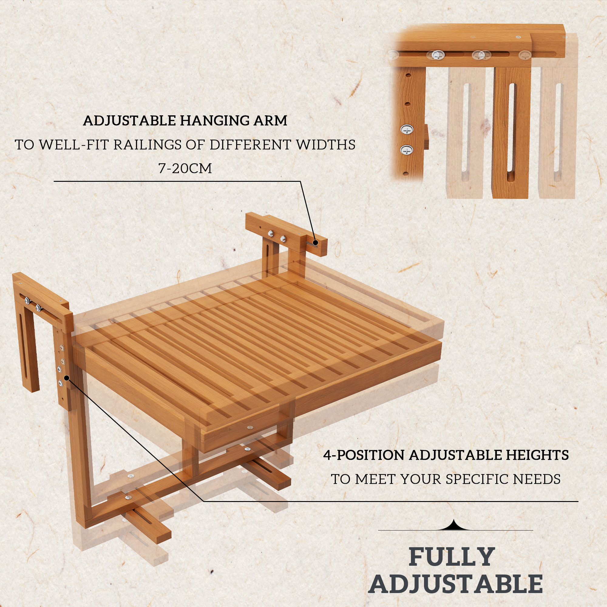  Masa Suspendata de Exterior, Masa Reglabila pentru Balustrada, Blat Suport cu Montare pe Perete, 68x65x40,5-55 cm, Tec [3]