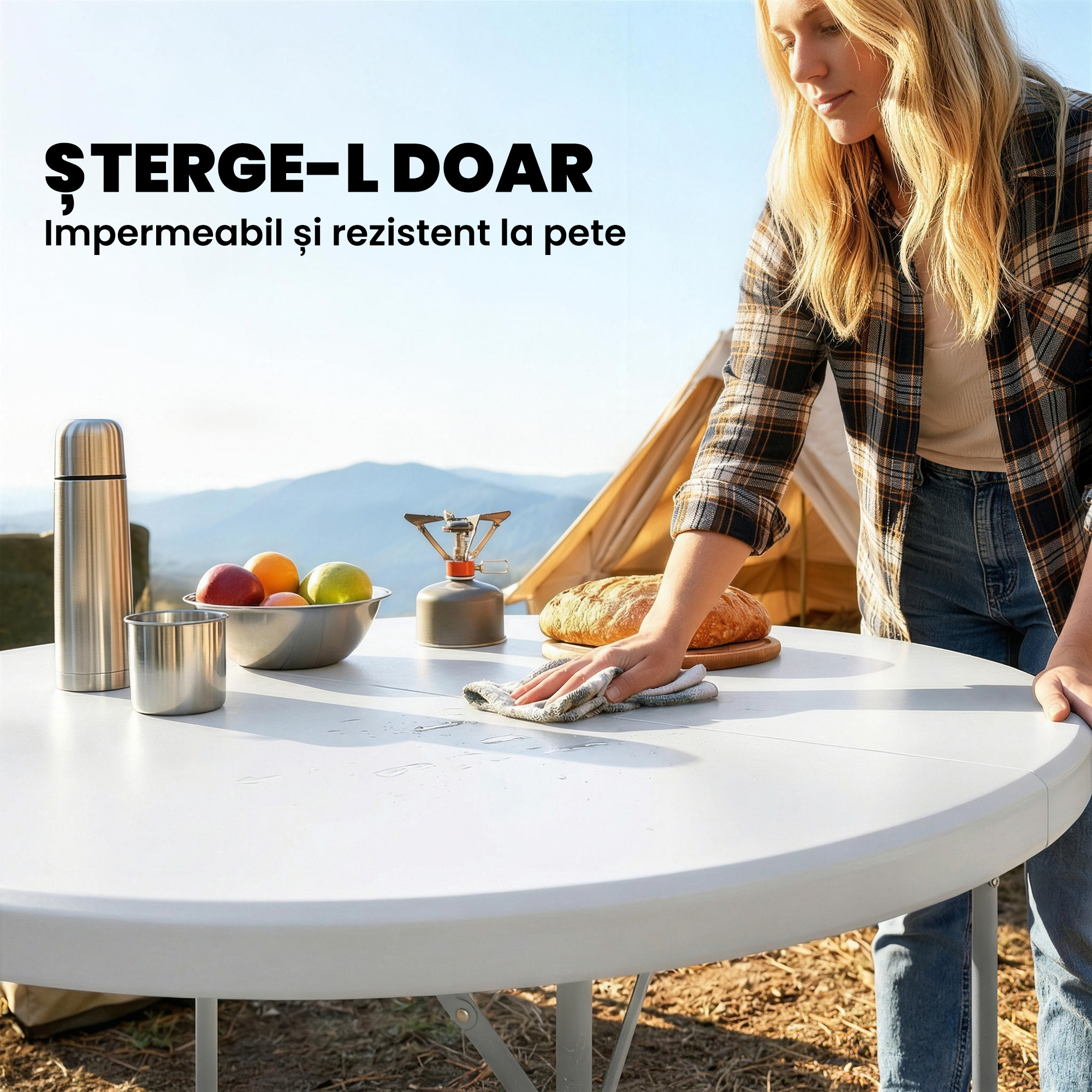  Masa de Camping Rotunda Pliabila, din Metal si HDPE, 120x120x74 cm, Alb [5]