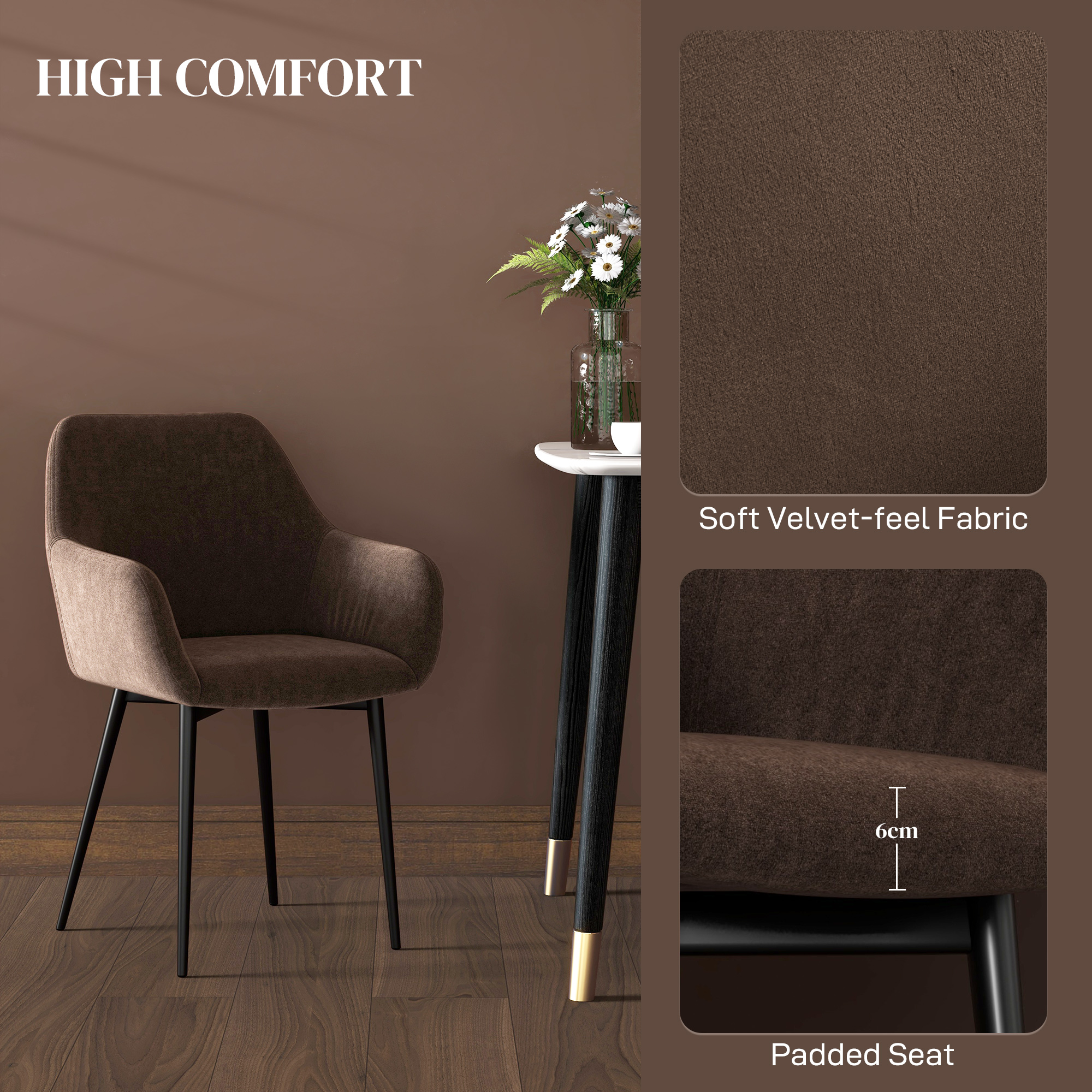  Set 2 Scaune de Dining Tapitate in Stil Nordic cu Brate si Picioare din Otel, 54x57x80 cm, Maro [4]