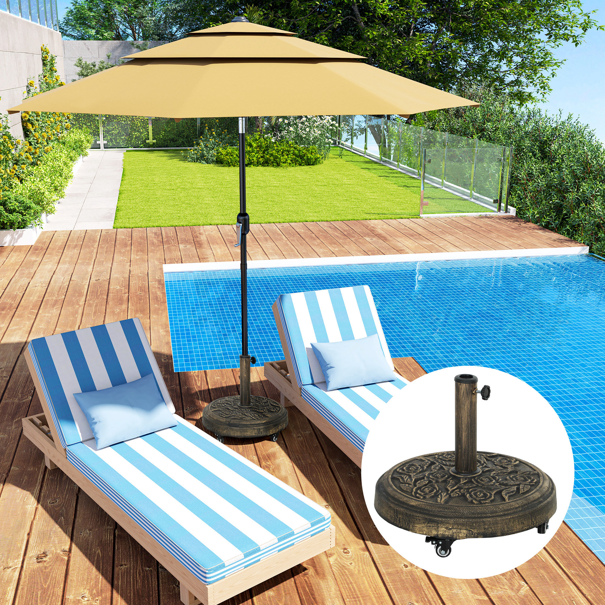 Baza Rotunda pentru Umbrela, 21 kg, Suport din Rasina cu Roti si Stalp pentru Umbrele de 32mm/38mm/48mm, pentru Gradina, Terasa, Piscina, Bronz [8]