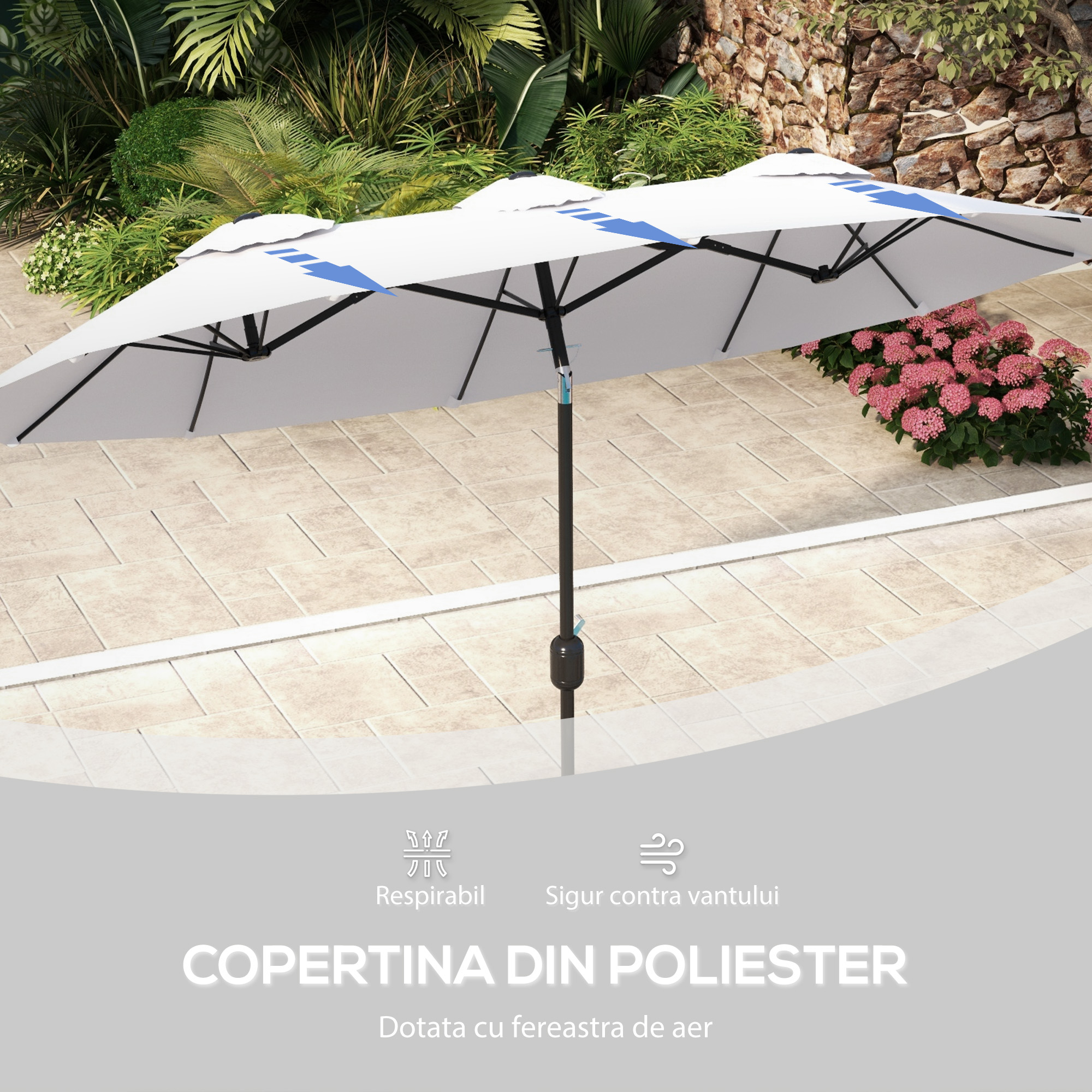  Umbrela de soare de gradina basculabila dubla cu deschidere cu manivela, copertina cu orificii cu ventilatie si 12 nervuri, 295x152x222cm, alb [6]