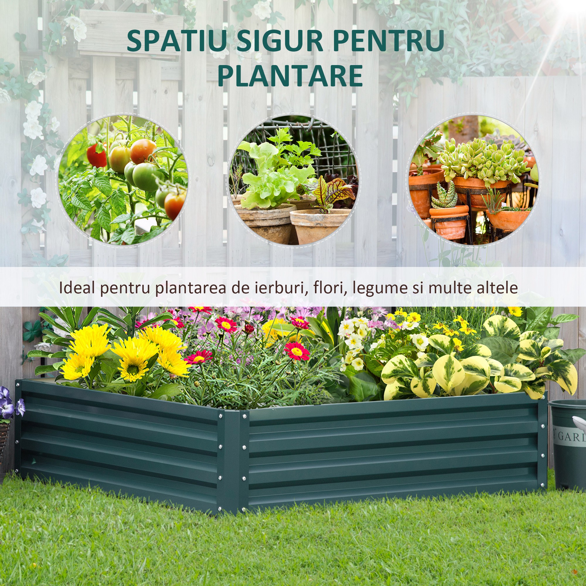  Pat de Gradina Suprainaltat 120x120x30cm Galvanizat, Pat Suprainaltat pentru Plante cu Cadru din Otel pentru Legume, Flori, Plante si Ierburi, Verde [3]