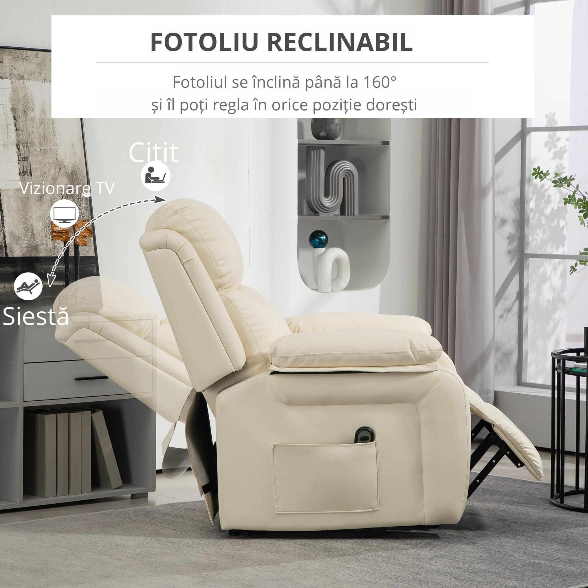  Fotoliu cu Functie de Ridicare Reclinabil la 160° cu Suport pentru Picioare si Telecomanda, din Piele PU si Otel, 76x90x105 cm, Crem [4]
