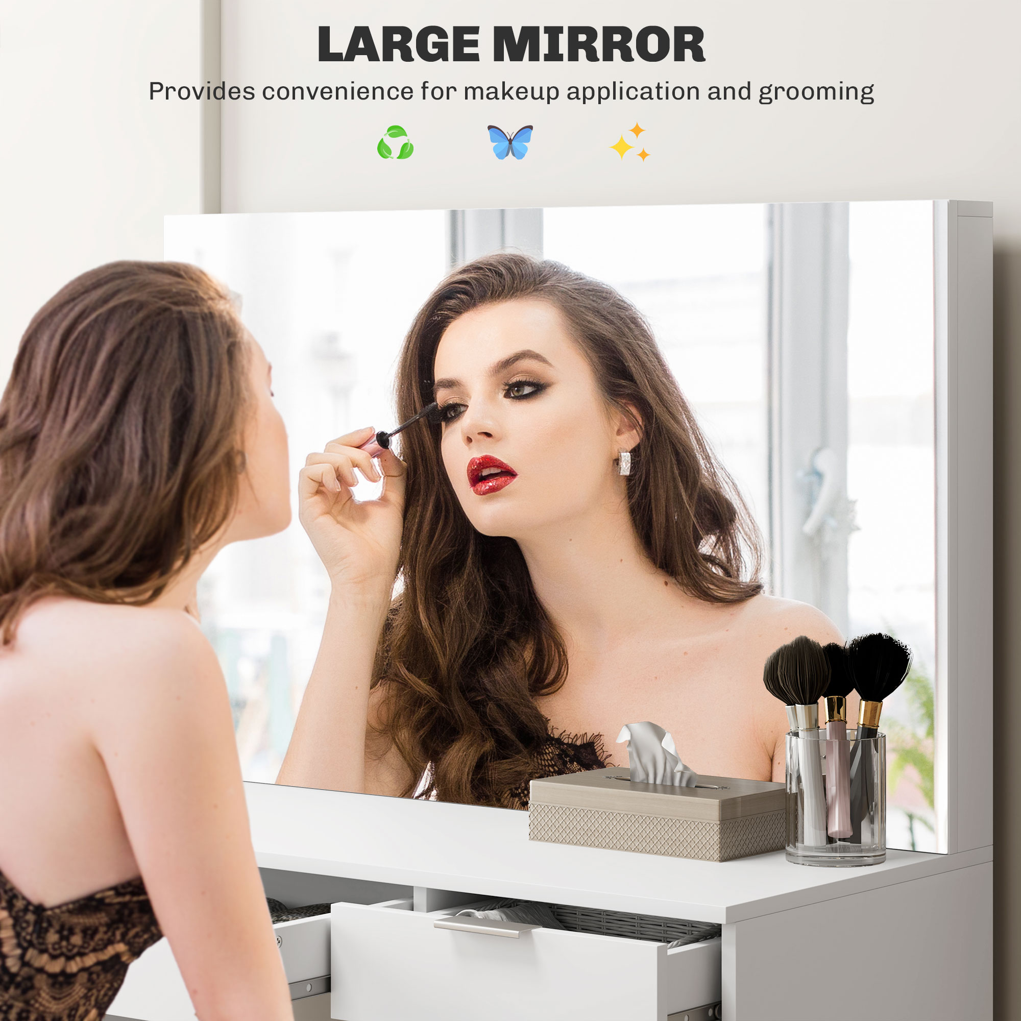  Set Masa de Toaleta cu Oglinda si 5 Sertare 97,2x44,5x136,5 cm si Taburet Captusit 40x24x46 cm, Alb [3]