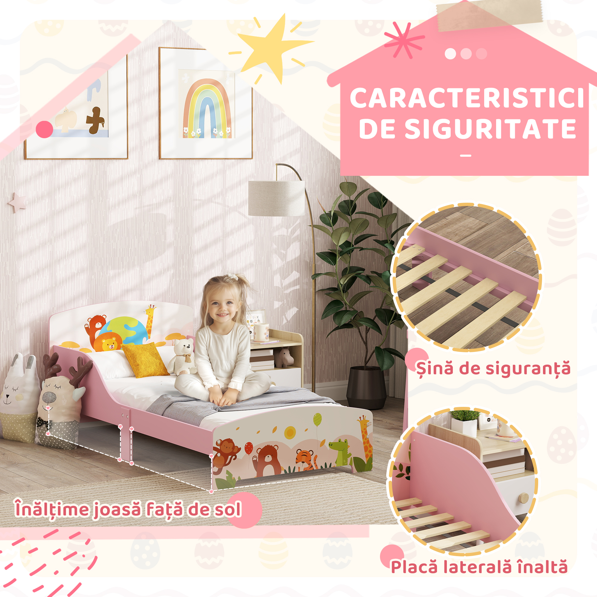  Pat pentru copii de la 3+ ani din lemn, cu margini ridicate si balustrade de siguranta, 143x77x60 cm, roz [3]