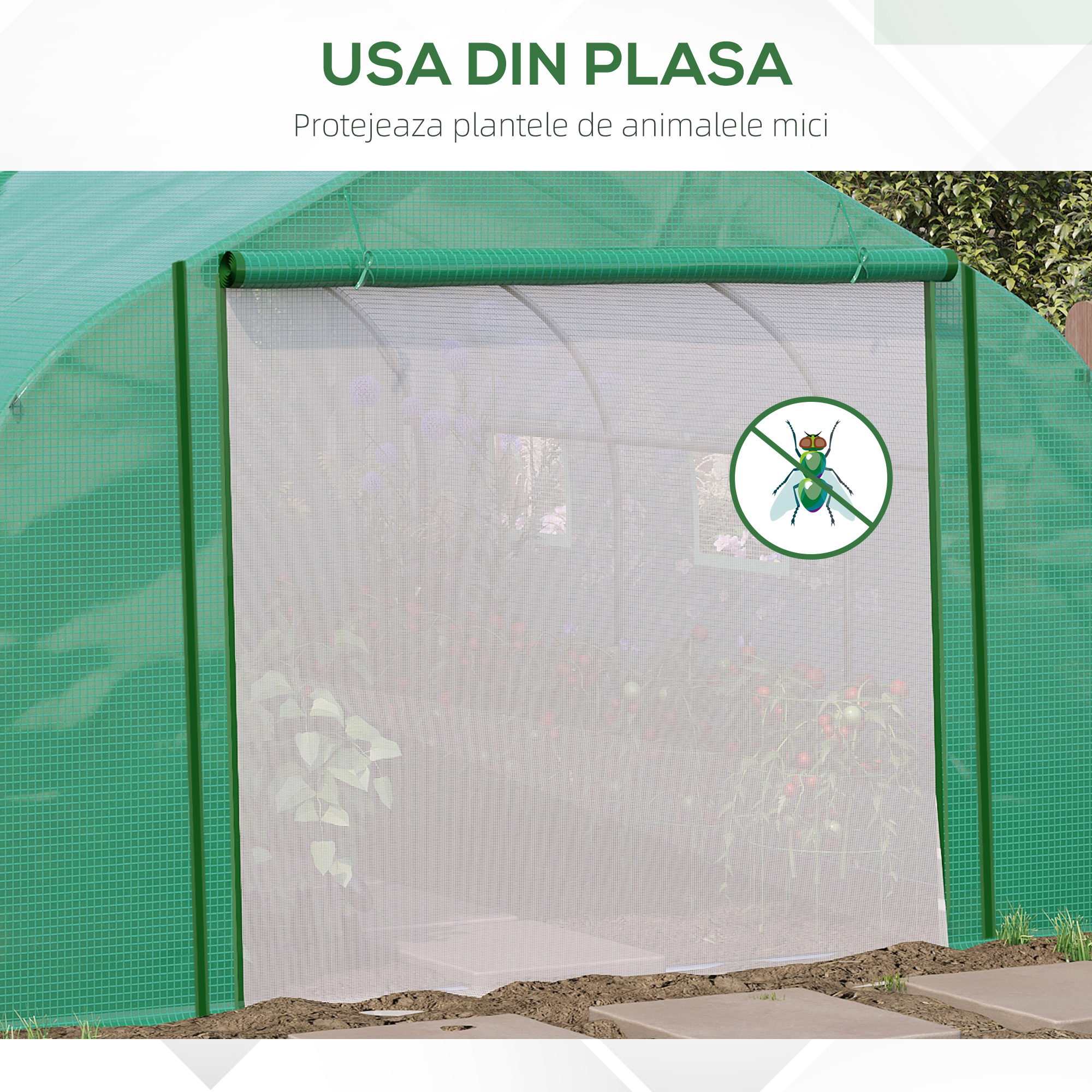  Sera Tunel cu Protectie PE si Structura din Otel, Poarta Tip Rulou si 6 Ferestre, 347x300x200 cm, Verde [8]