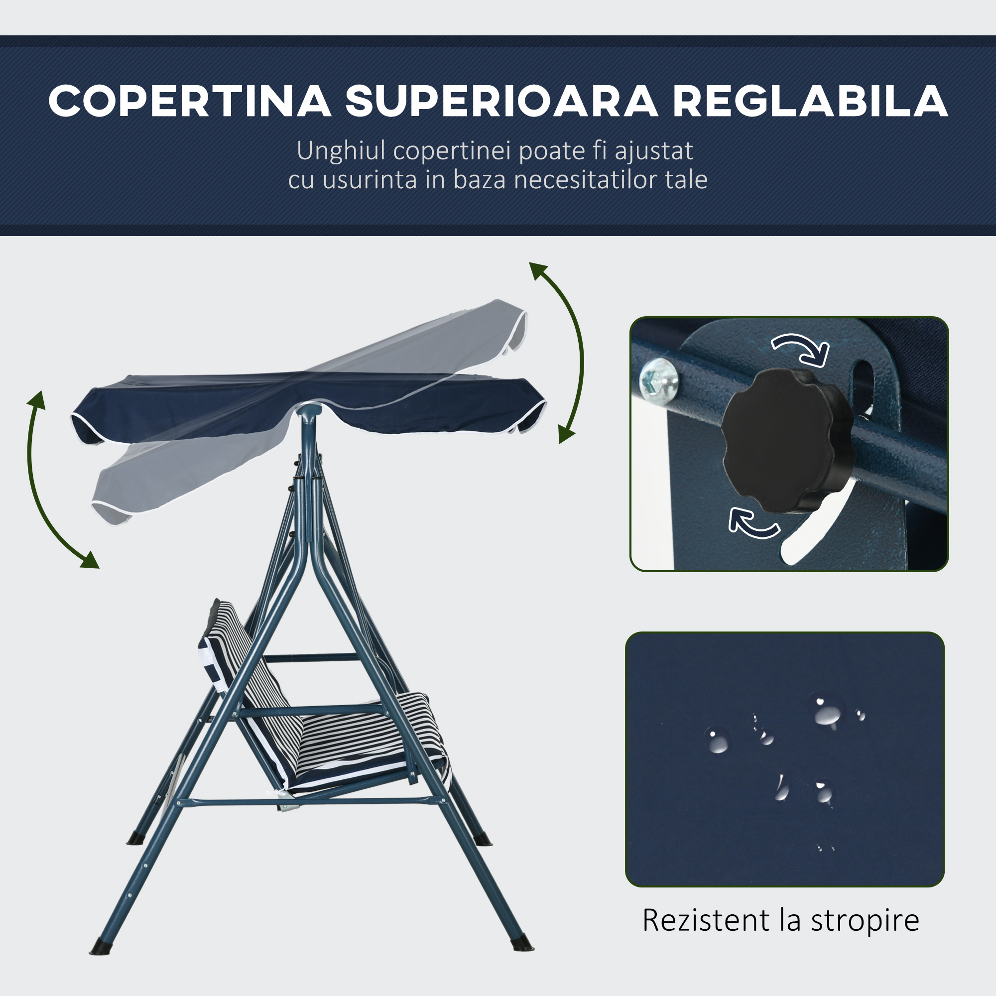  Leagan de Gradina cu 3 Locuri cu Acoperis Solar, Balansoar in Aer Liber cu Structura din Otel si Poliester, 172x110x153 cm, Alb si Albastru [3]