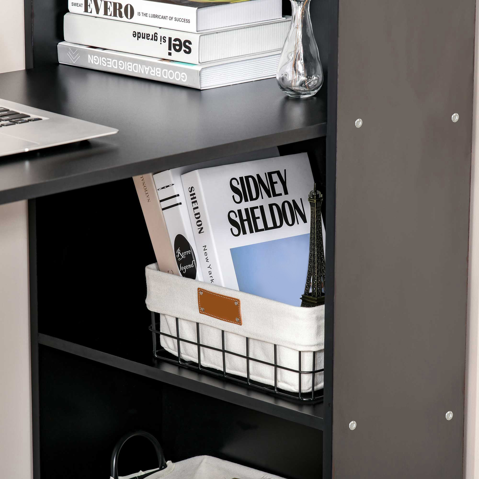  Birou Modern pentru Acasa cu Rafturi de Depozitare pe Niveluri Masa de Scris cu Raft pentru Carti Negru pentru sufragerie camera de zi dormitor [7]