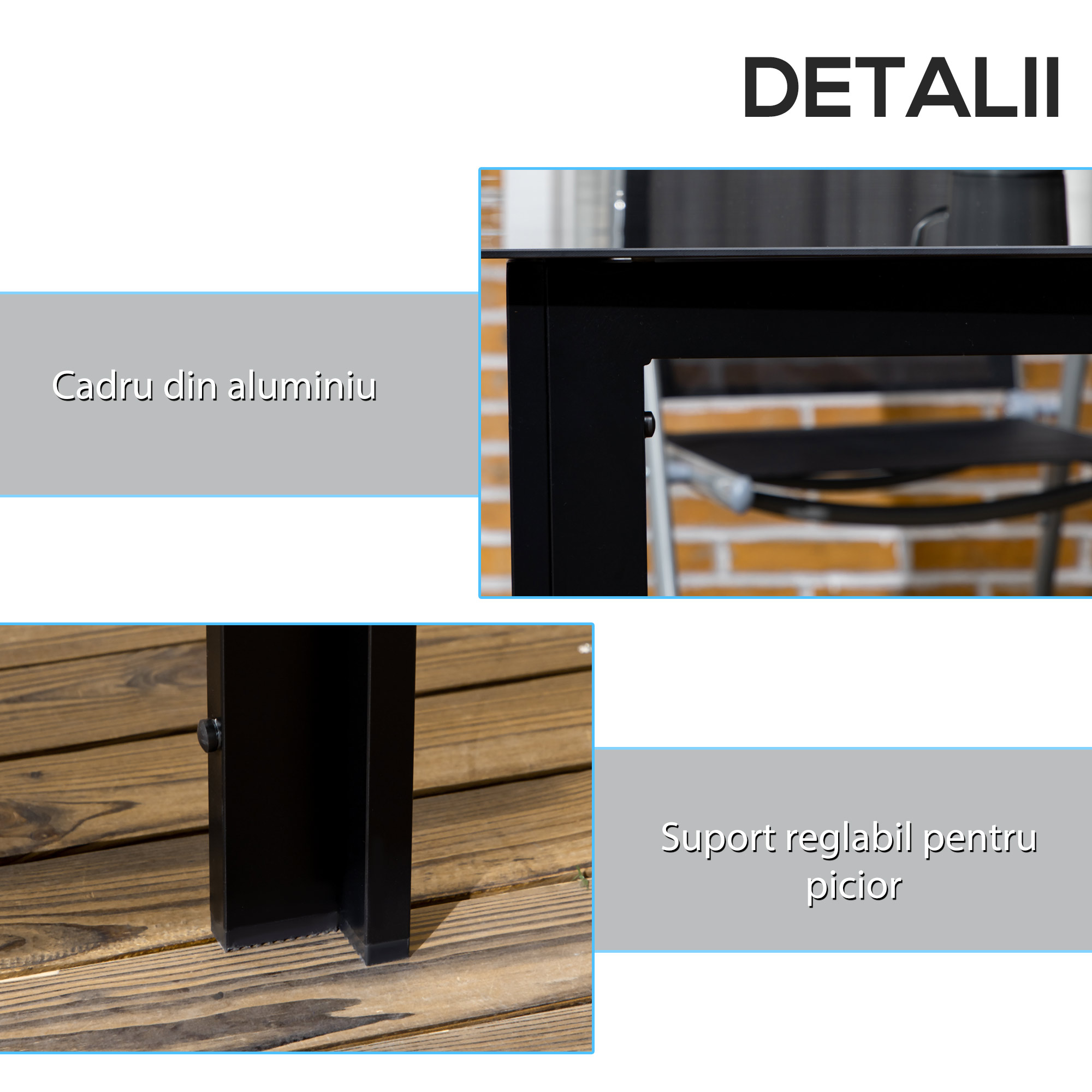  Masa de Gradina cu Blat din Sticla Securizata 150x90 cm pentru 6 Persoane, Masa de Luat Pranzul pentru Exterior, Dreptunghiulara, din Aluminiu, pentru Terasa, Balcon, Neagra [4]