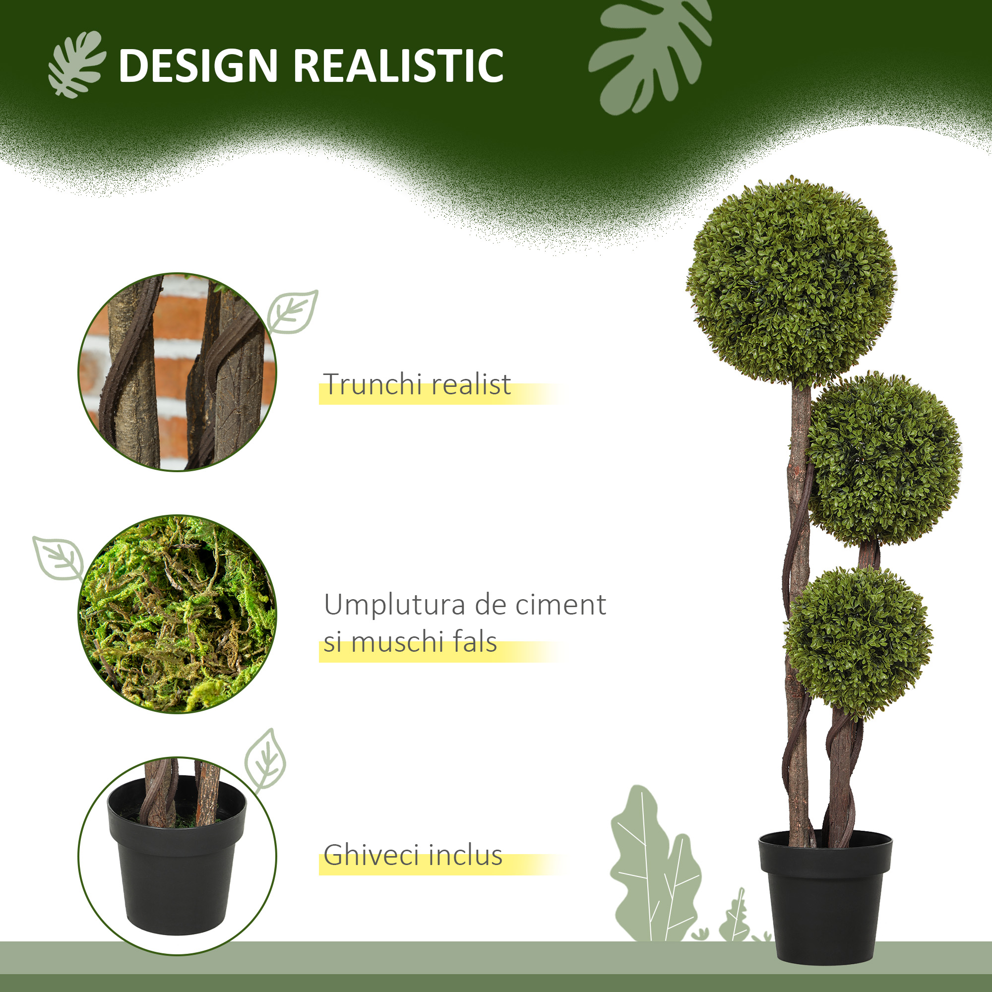  Planta Artificiala de Buxus cu 3 Sfere, Ghiveci Inclus si Baza intarita, Ø19,5x115 cm, Verde [3]