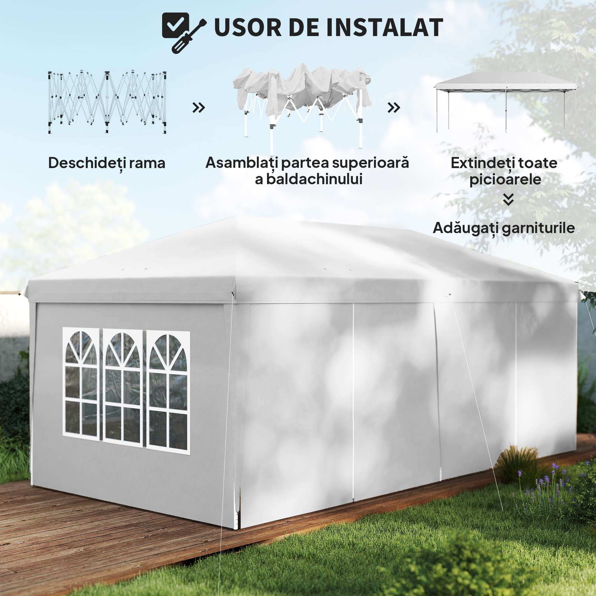  Pavilion 6x3 m pliabil de gradina cu 6 pereti laterali din otel si material Oxford, cu franghii si tarusi, alb [3]
