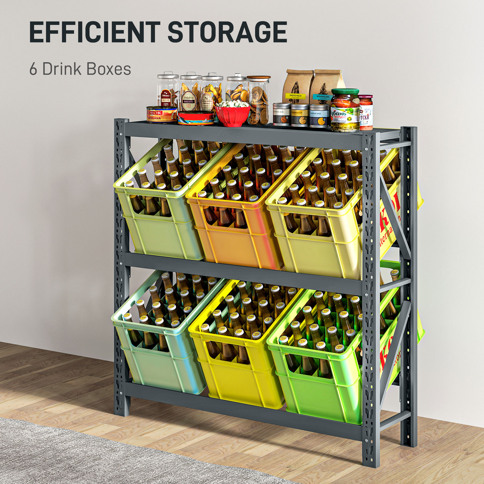  Raft Autoportant pentru 6 Lazi de Bauturi cu 3 Niveluri cu Polite Ajustabile, 110x30x110cm, Gri [4]