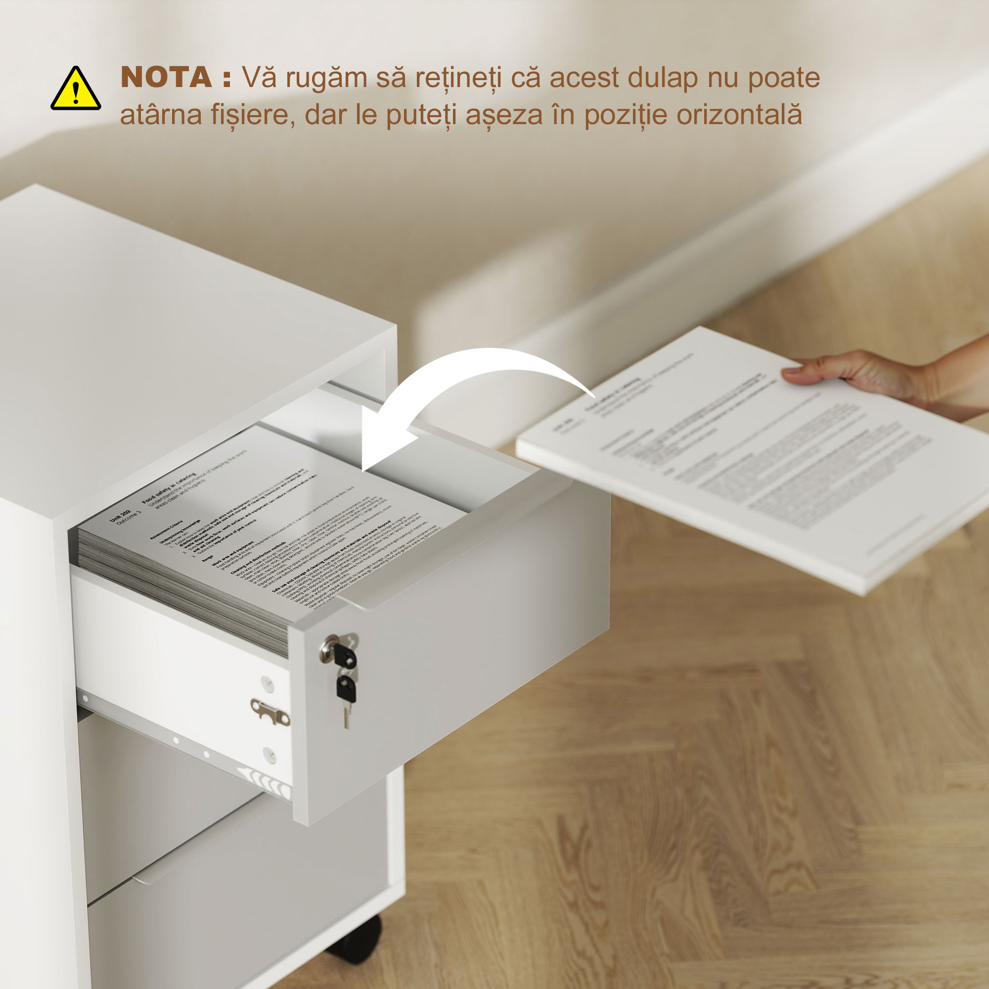  Schedario per Ufficio a 3 Cassetti con Chiavi di Sicurezza e 4 Ruote, in Legno, 40x40x63.5 cm, Bianco e Grigio [8]