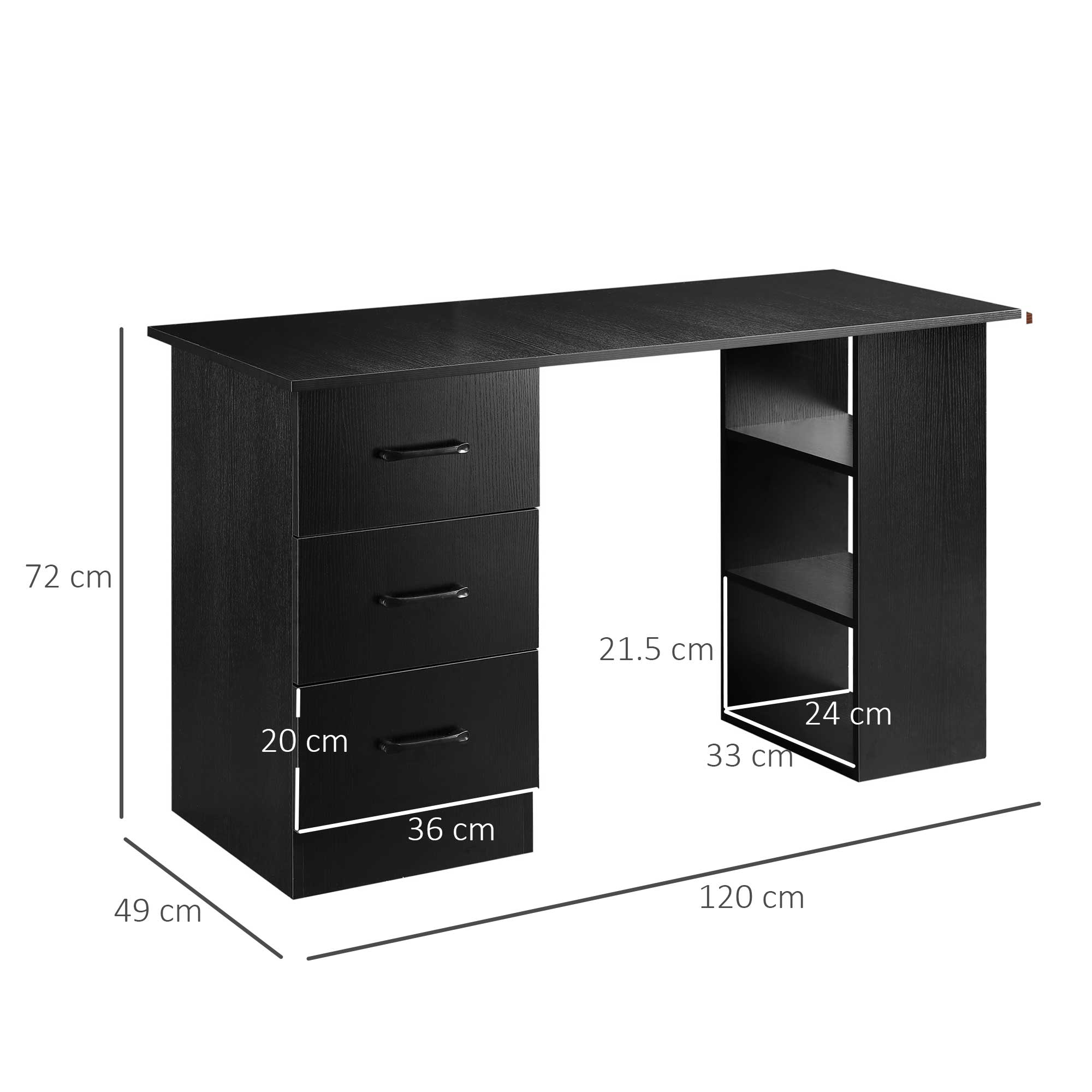  Birou Modern din Lemn cu 3 Sertare si 3 Rafturi pentru Camera si Birou, 120x49x72cm, Negru [2]