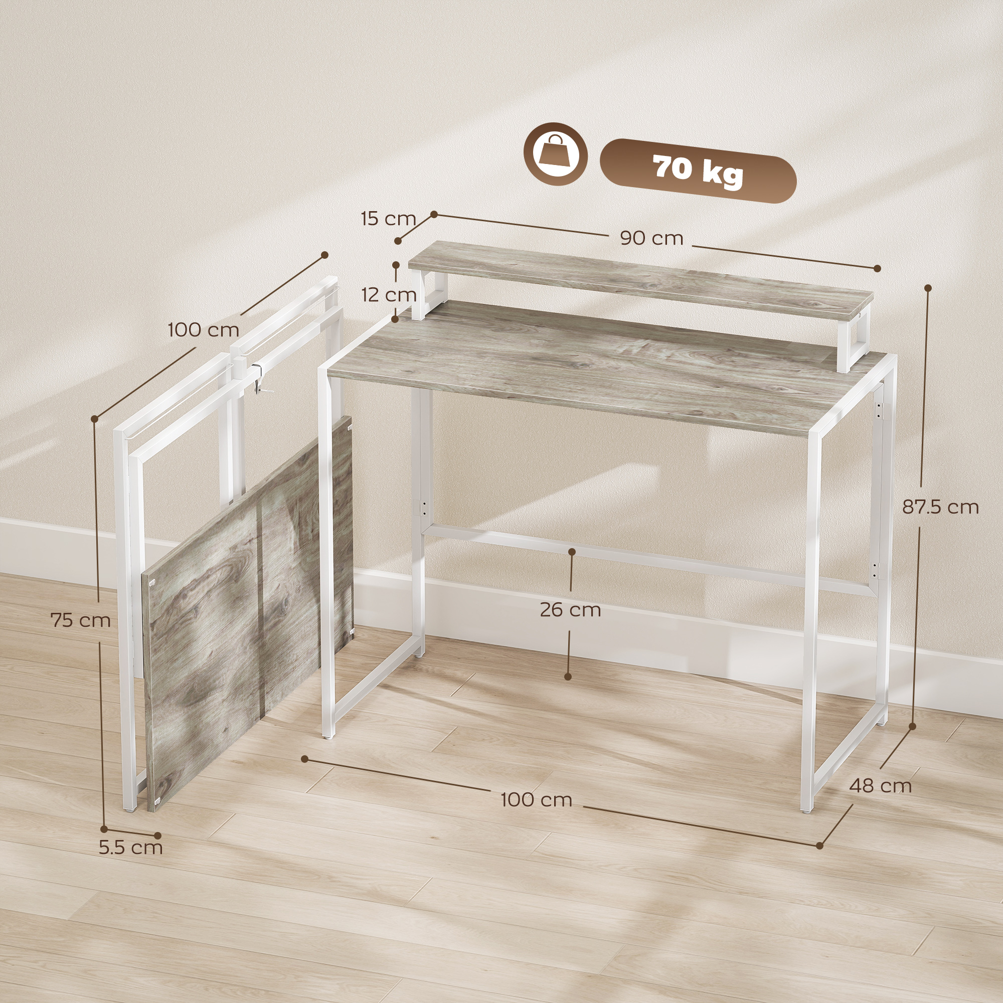  Birou Pliabil Economisitor de Spatiu cu Stand pentru Monitor Detasabil, 100x48x87,5 cm, Lemn [2]