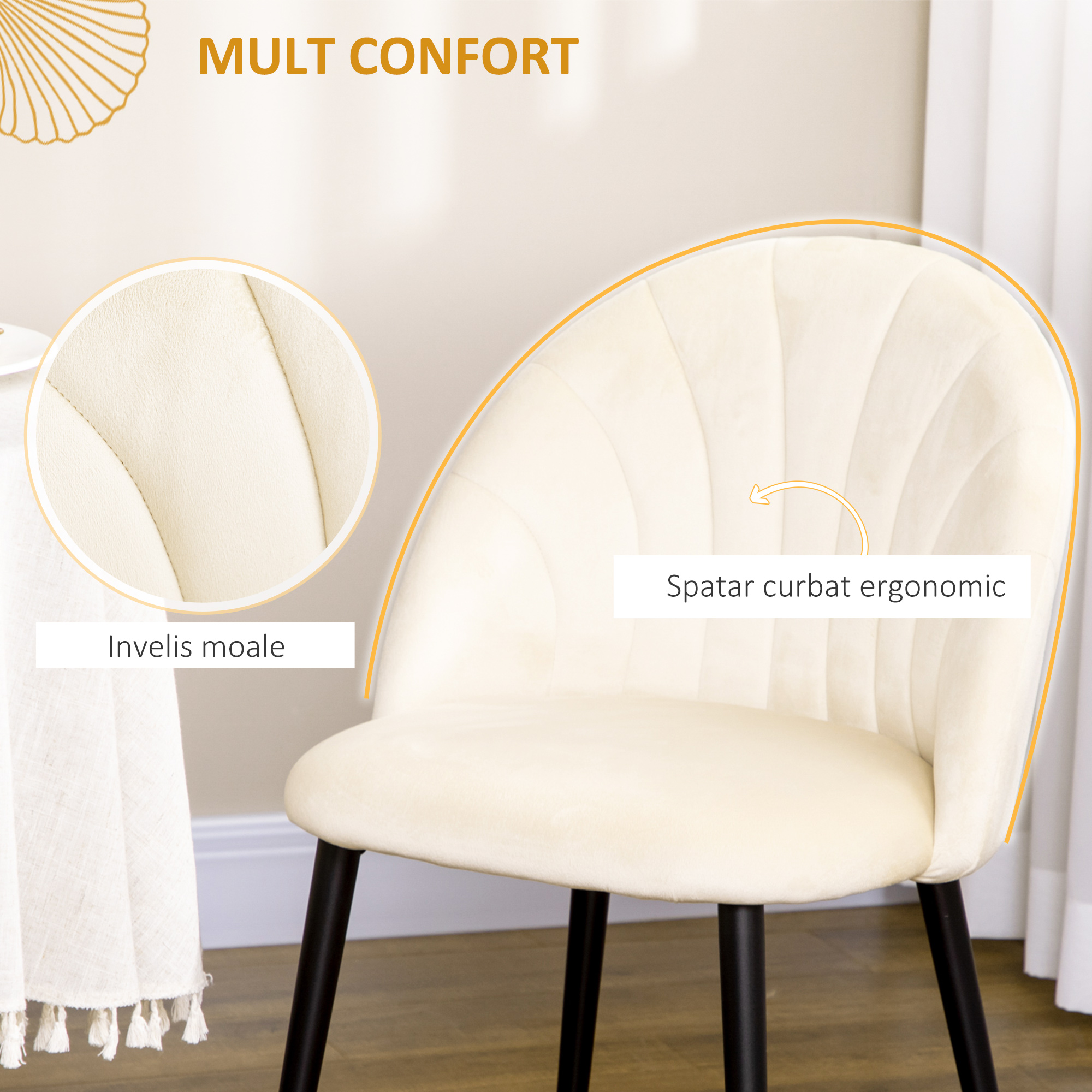  Set 2 scaune pentru camera de zi si sufragerie tapitate, cu design nordic si ergonomic, din metal si tapiterie cu efect de catifea bej, 52x54x79 cm [5]