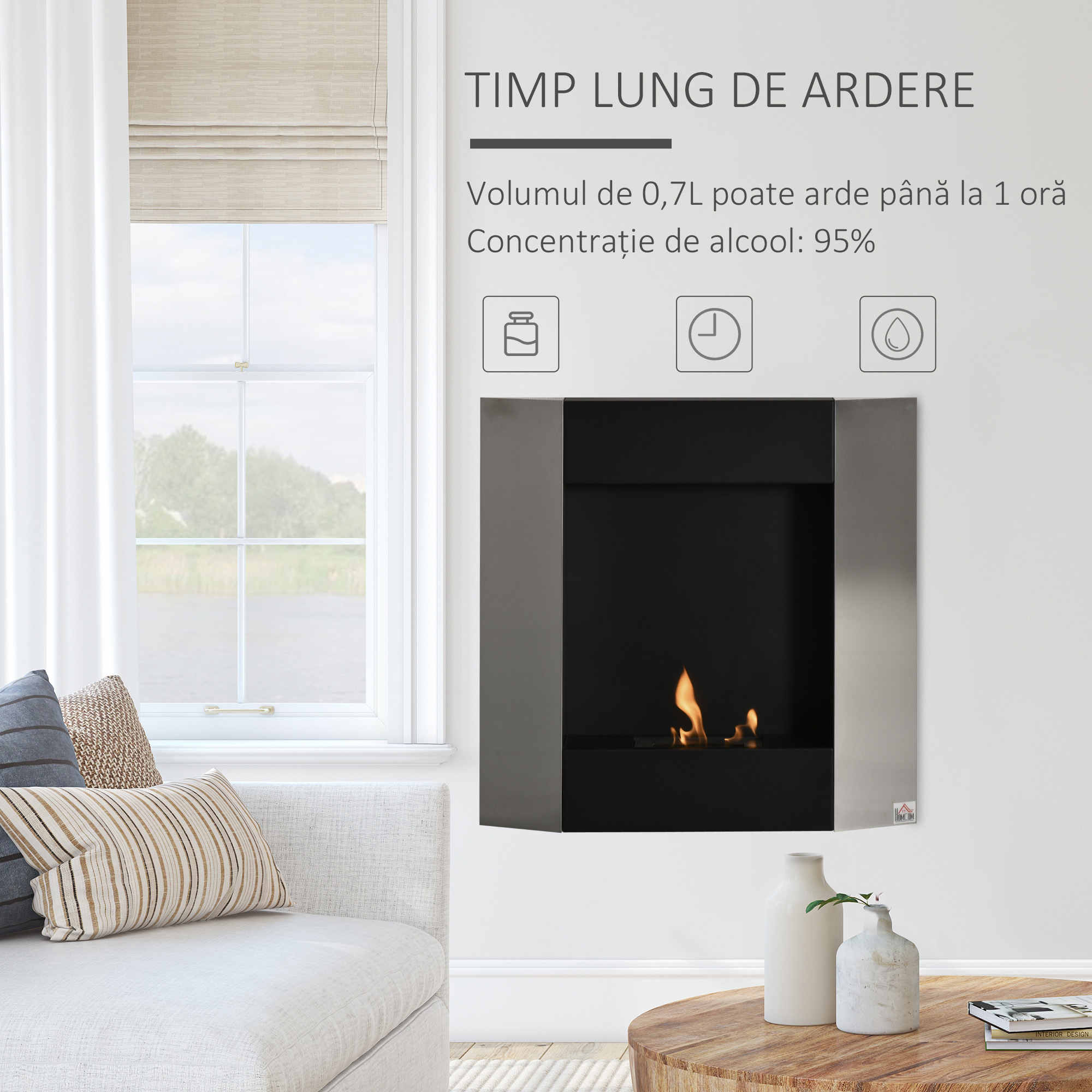  Semineu Bioetanol pentru Perete Rezervor de 0,7L Acoperire 20m² 72x11x72cm [5]