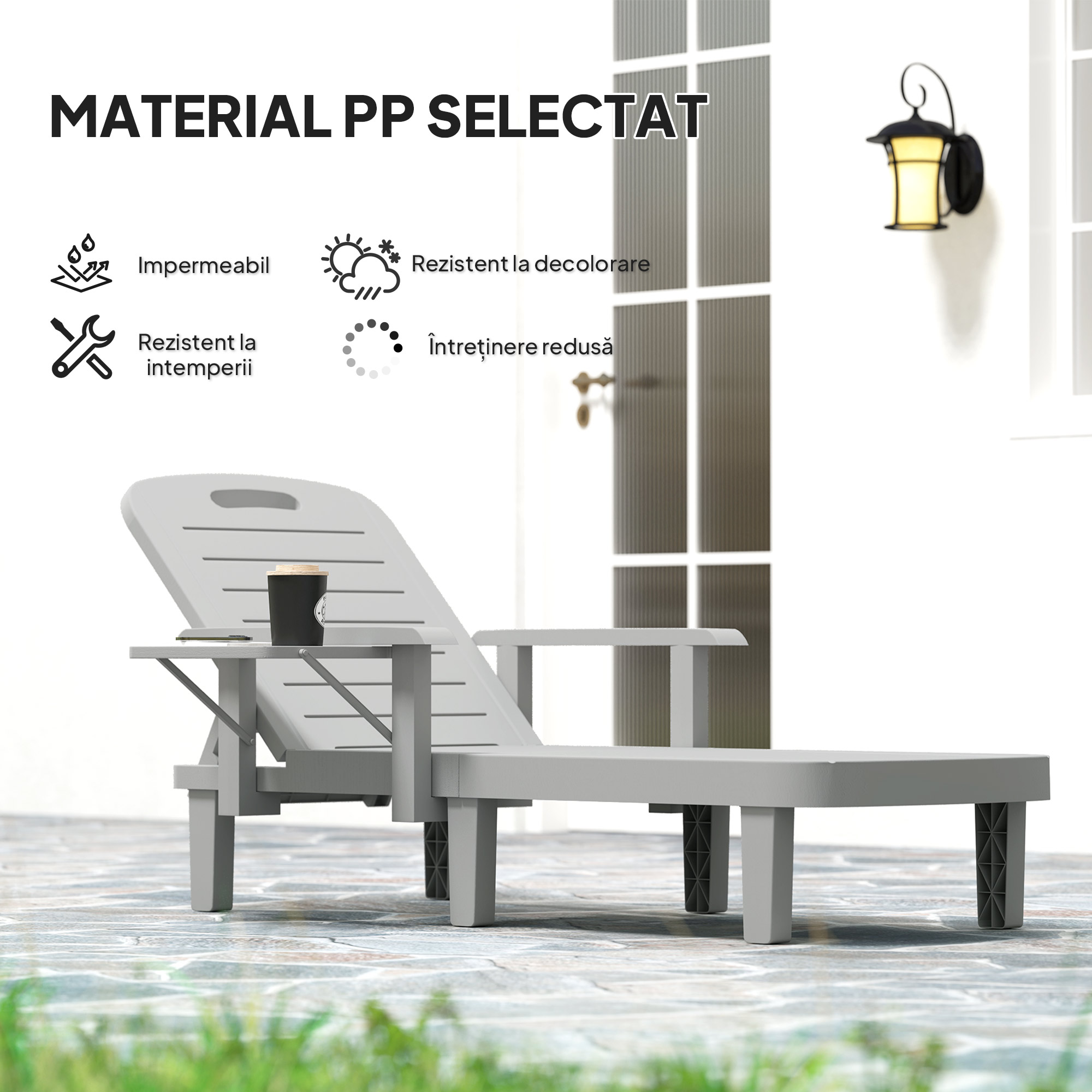  sezlong cu Spatar Reglabil in 5 Pozitii, Masuta si Brate Ergonomice, 79x158x88 cm, Gri [5]