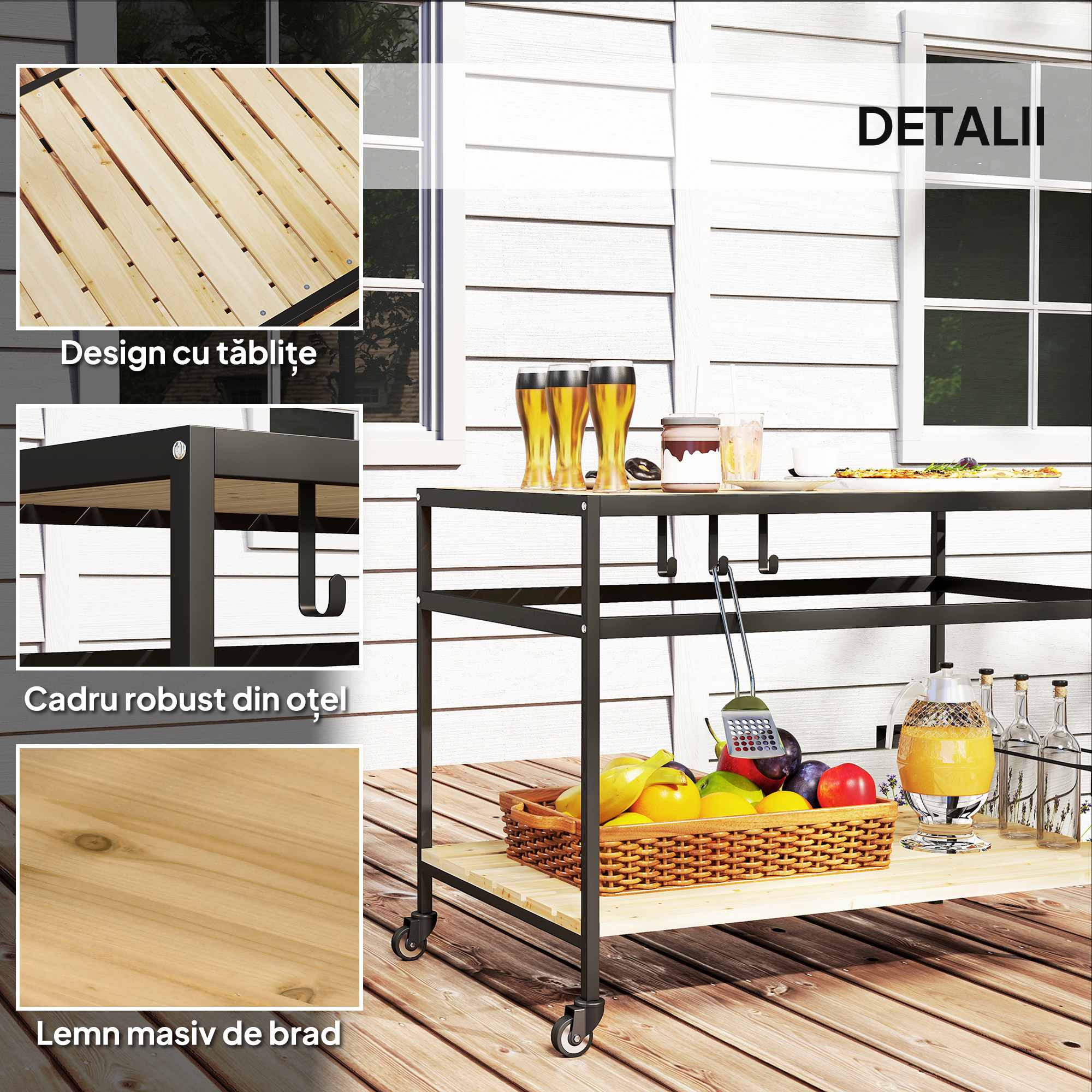  Carucior de Gradina pentru Servit, din Lemn cu sipci si Otel, Raft si Maner, 107x65x80 cm [5]