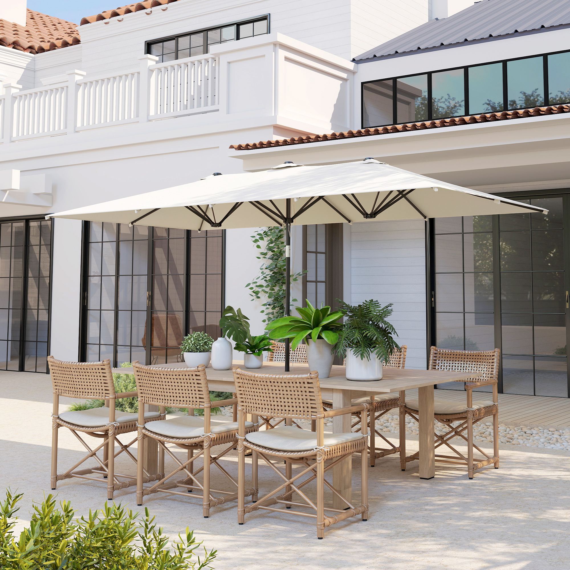  Umbrela Dubla Inclinabila si Reglabila cu Franghie, din Poliester si Metal, 150x295x170-214 cm, Crem [1]