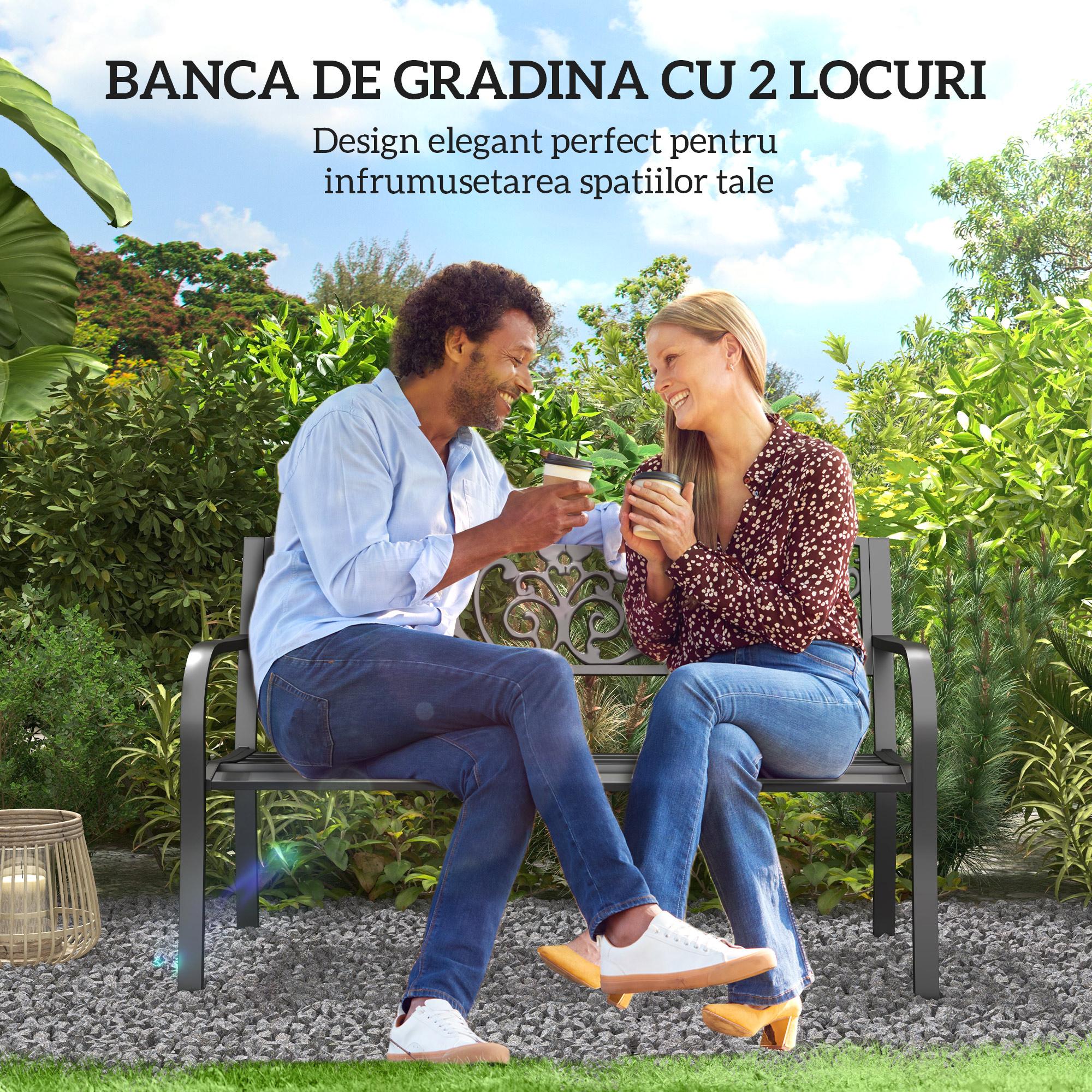  Banca de gradina din metal cu spatar decorat, 127x60x87cm - negru [4]