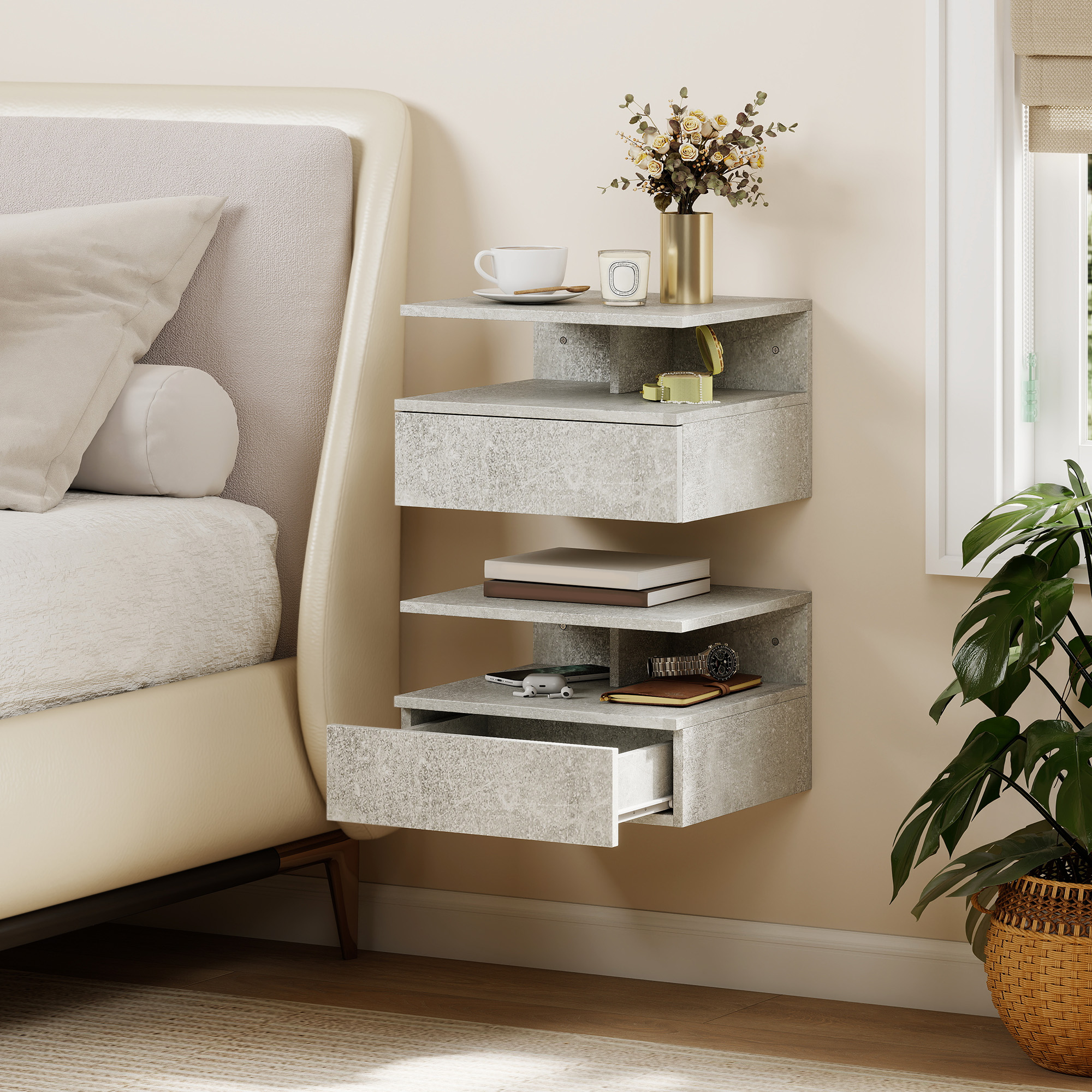  Set de 2 Noptiere Suspendate cu Sertar si Raft Deschis, 35x32x22.5 cm, Gri Ciment [1]