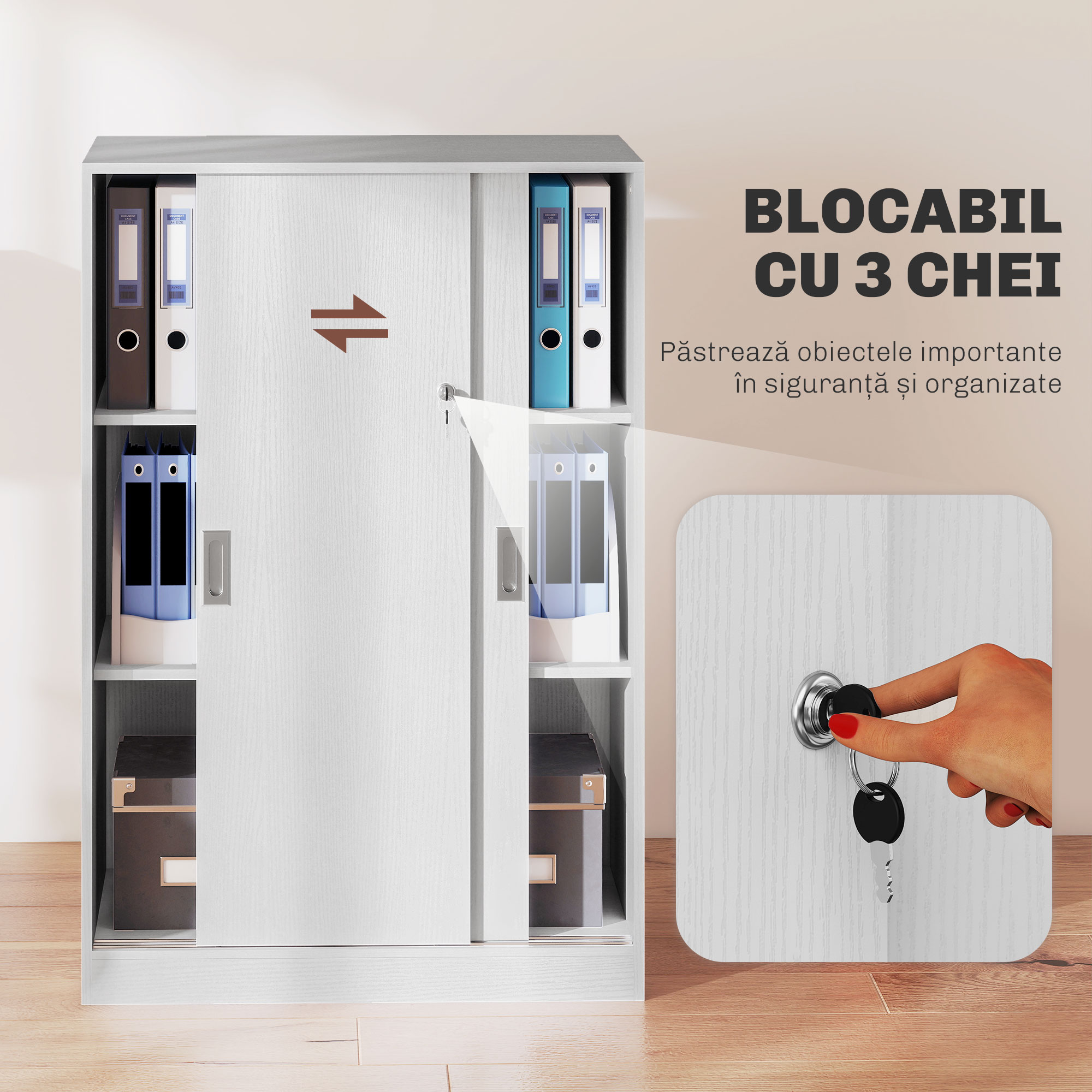  Dulap de Birou cu 3 Rafturi si 2 Chei de Siguranta, din PAL, 80x40x120 cm, Alb [4]