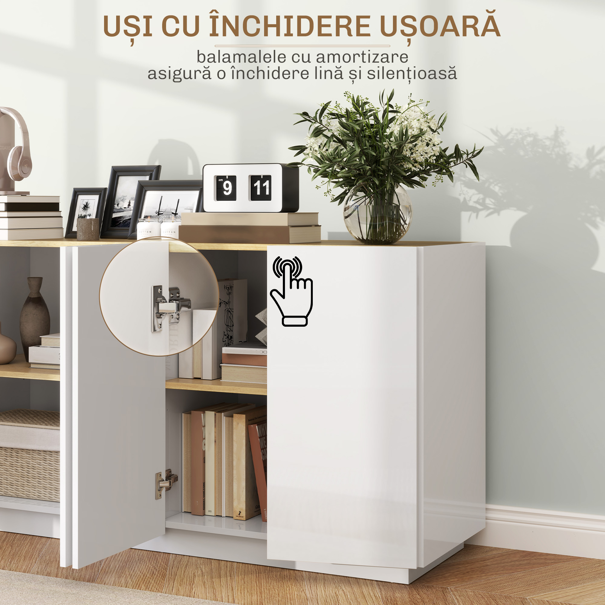  Bufet de Bucatarie cu Usi Amortizate si Rafturi Reglabile, pentru Sufragerie sau Living, 140x40x75 cm, Alb Lucios [4]