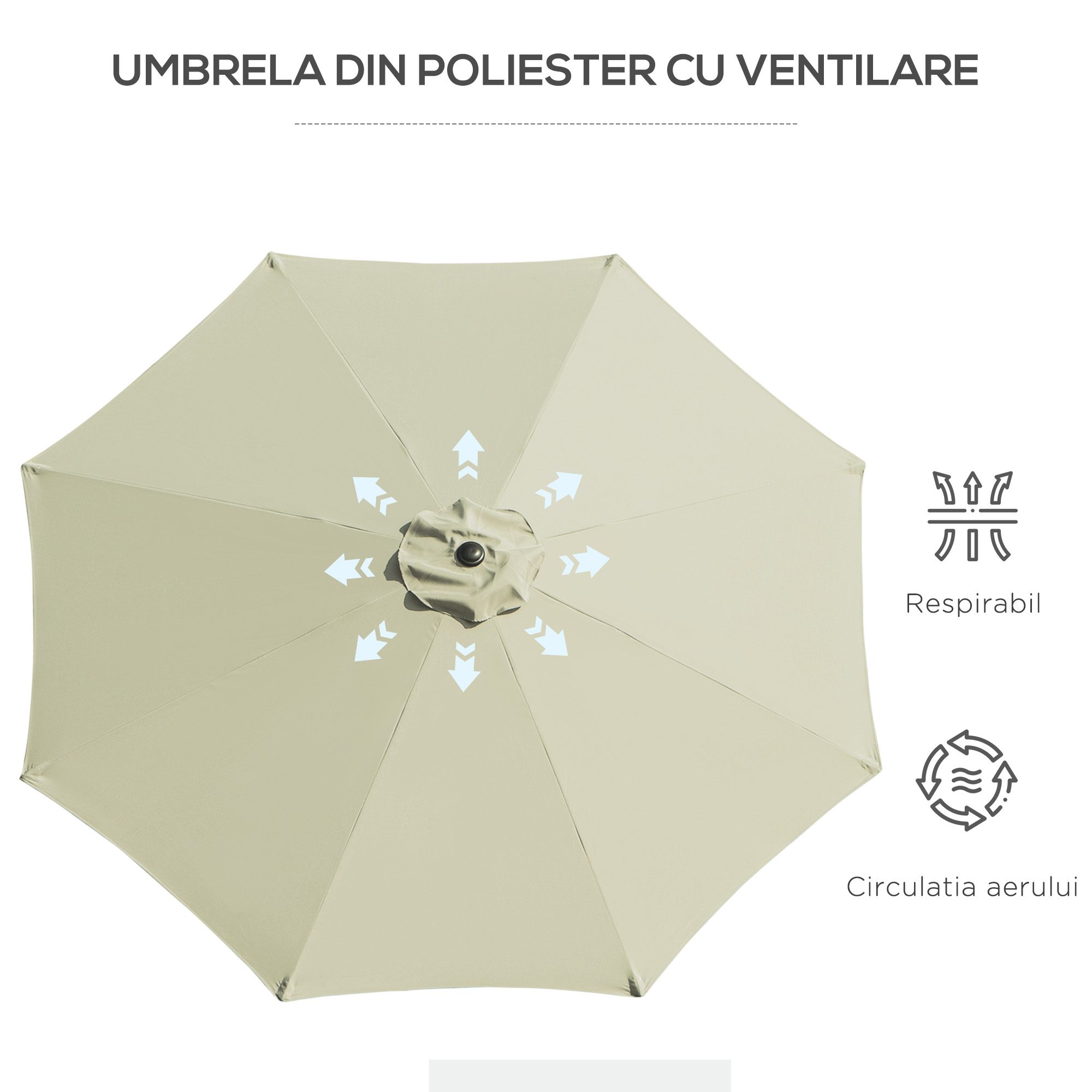  Umbrela de gradina inclinabila cu 8 spite si manivela, din metal si poliester, Ø295x250 cm, bej [7]