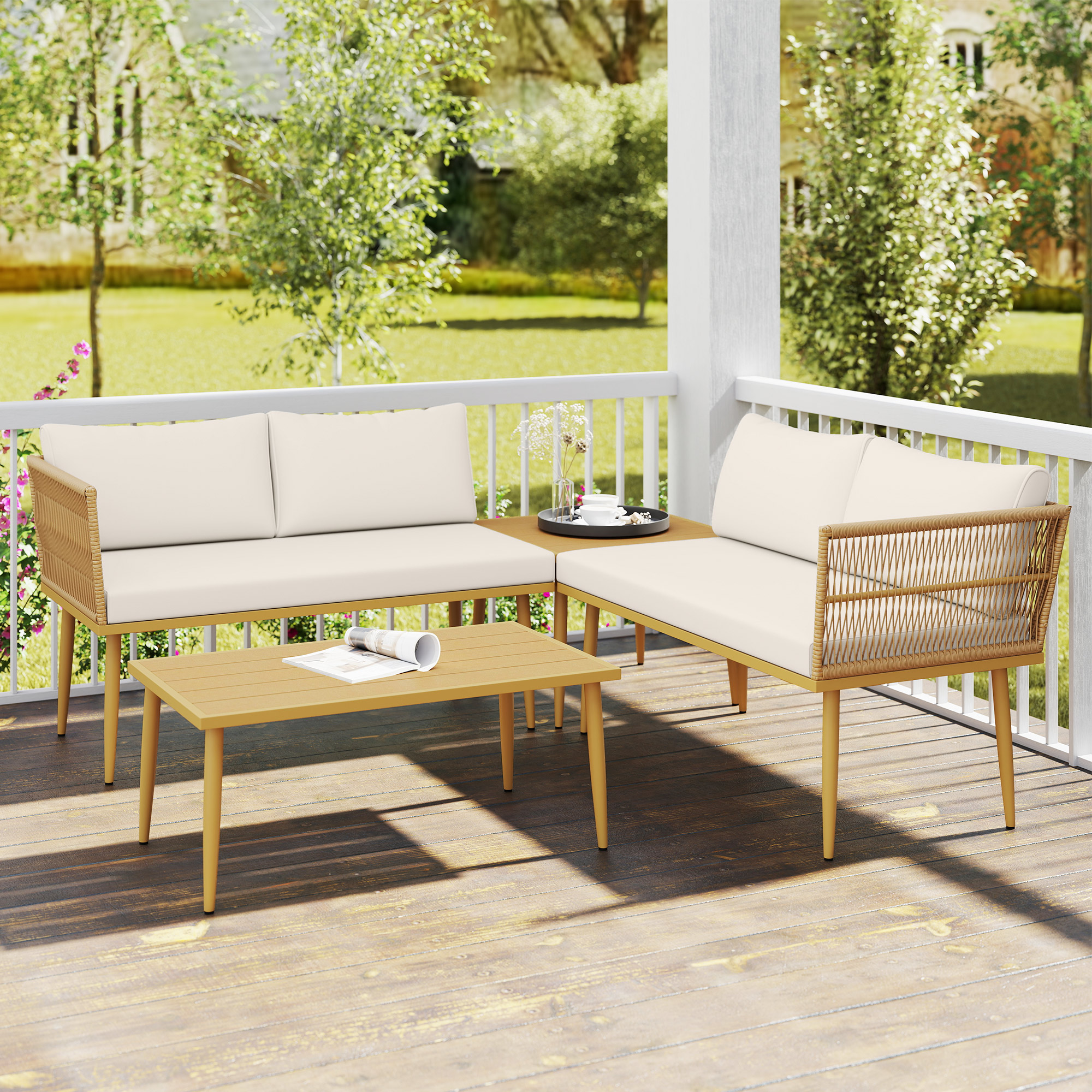  Set Mobilier de Exterior din Ratan PE cu 2 Canapele de 2 Locuri cu Perne si 2 Mese de Cafea, Culoare Lemn [1]