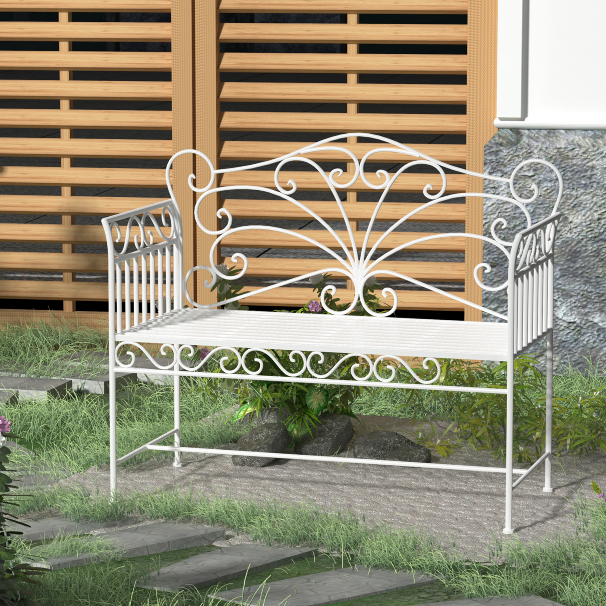  Banca de Exterior cu 2 Locuri, Banca de Gradina in Stil Romantic din Fier, 113,5x50x96 cm, Alb [1]