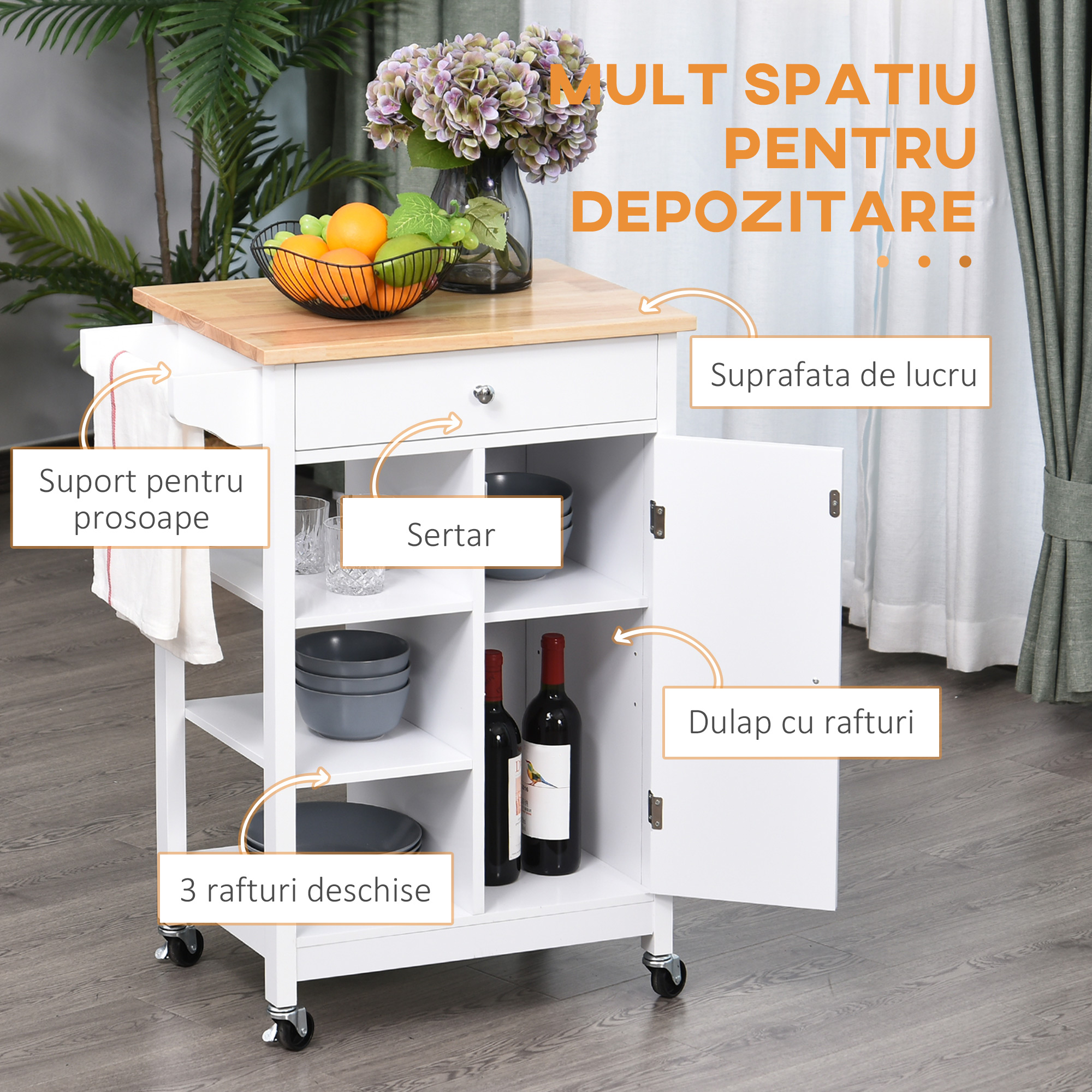  carucior bucatarie, din lemn, 66x39,5x86,5cm, alb [3]