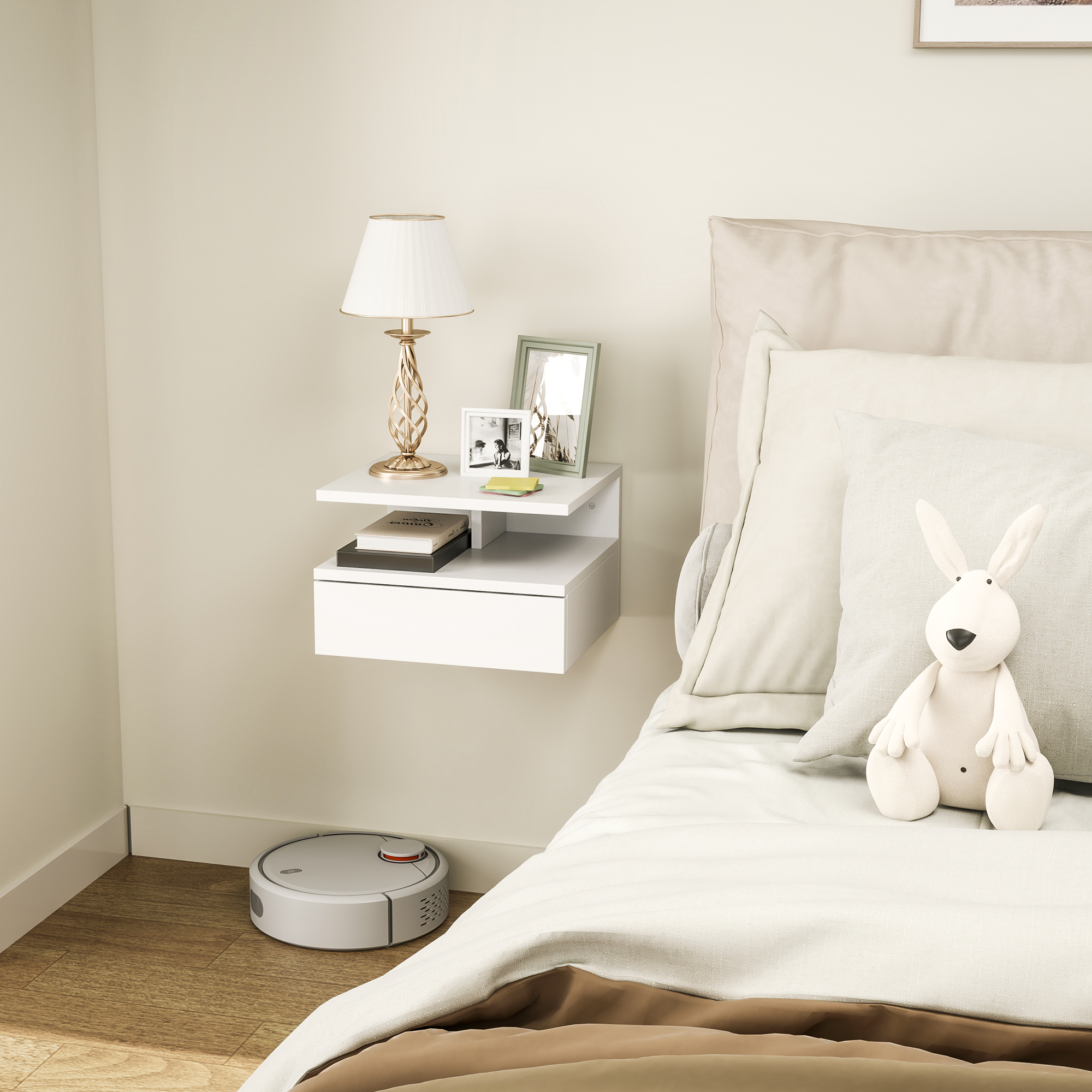  Noptiera Suspendata pentru Dormitor cu Sertar si Raft din Lemn, 35x32x22.5cm, Alb [1]