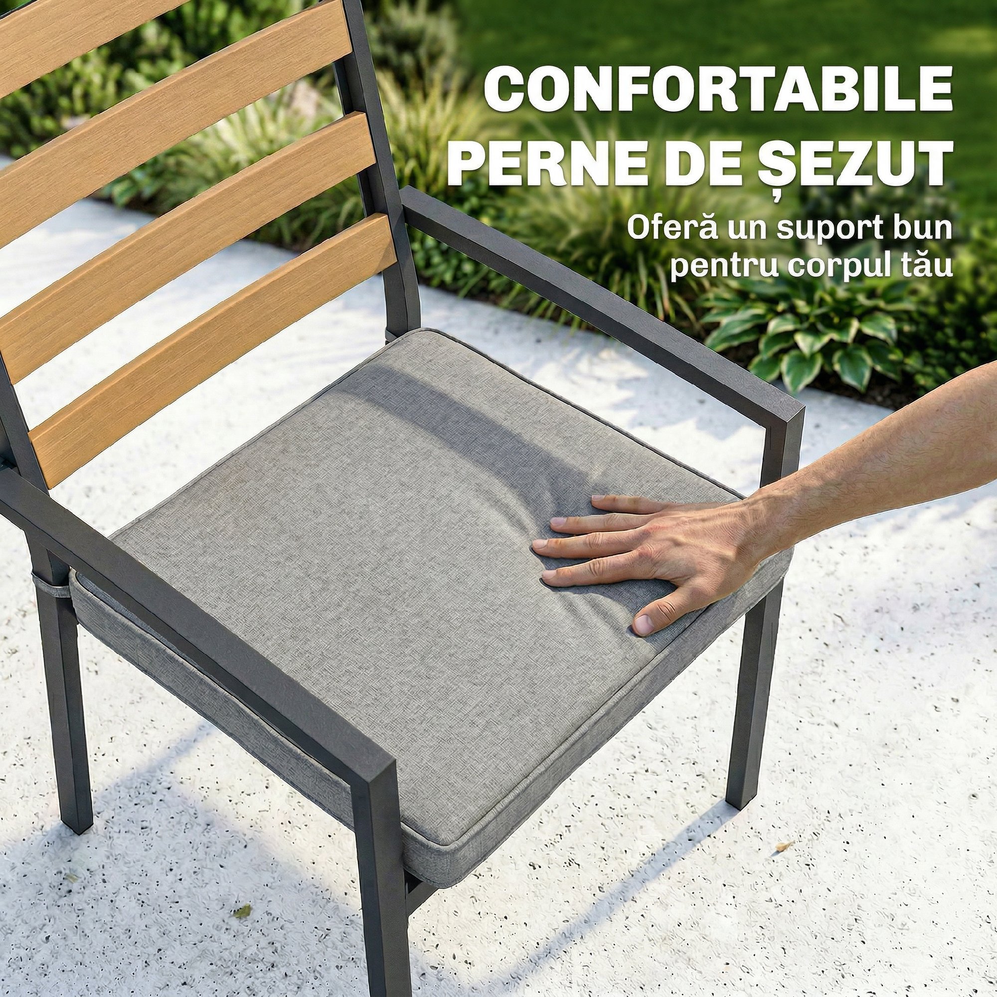  Set Masa si Scaune de Gradina 7 Piese, Set pentru Pranz in Aer Liber cu Masa Dreptunghiulara din Sticla Securizata, 6 Scaune, Perne, Cadru din Otel Zincat pentru Terasa Balcon, Negru [6]