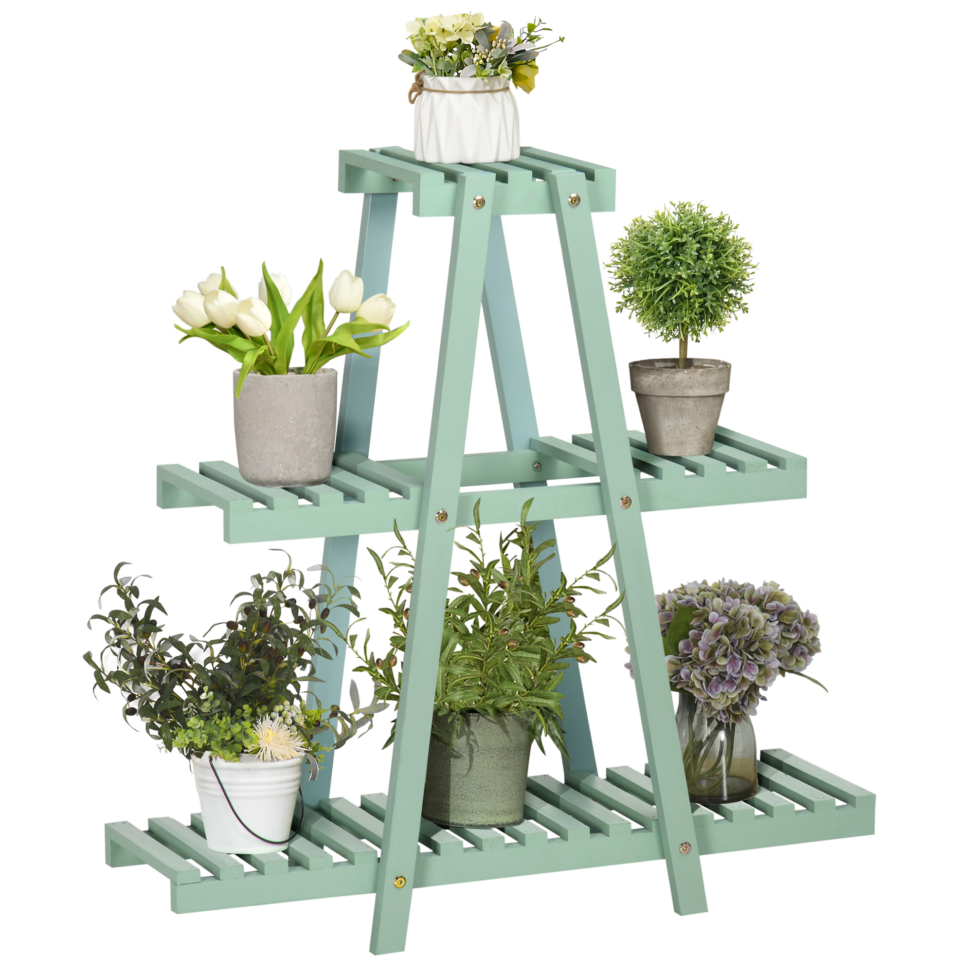 Living & hol -  Suport pentru plante din lemn de brad cu 3 niveluri pentru interior si exterior, 76x26x76cm, verde deschis