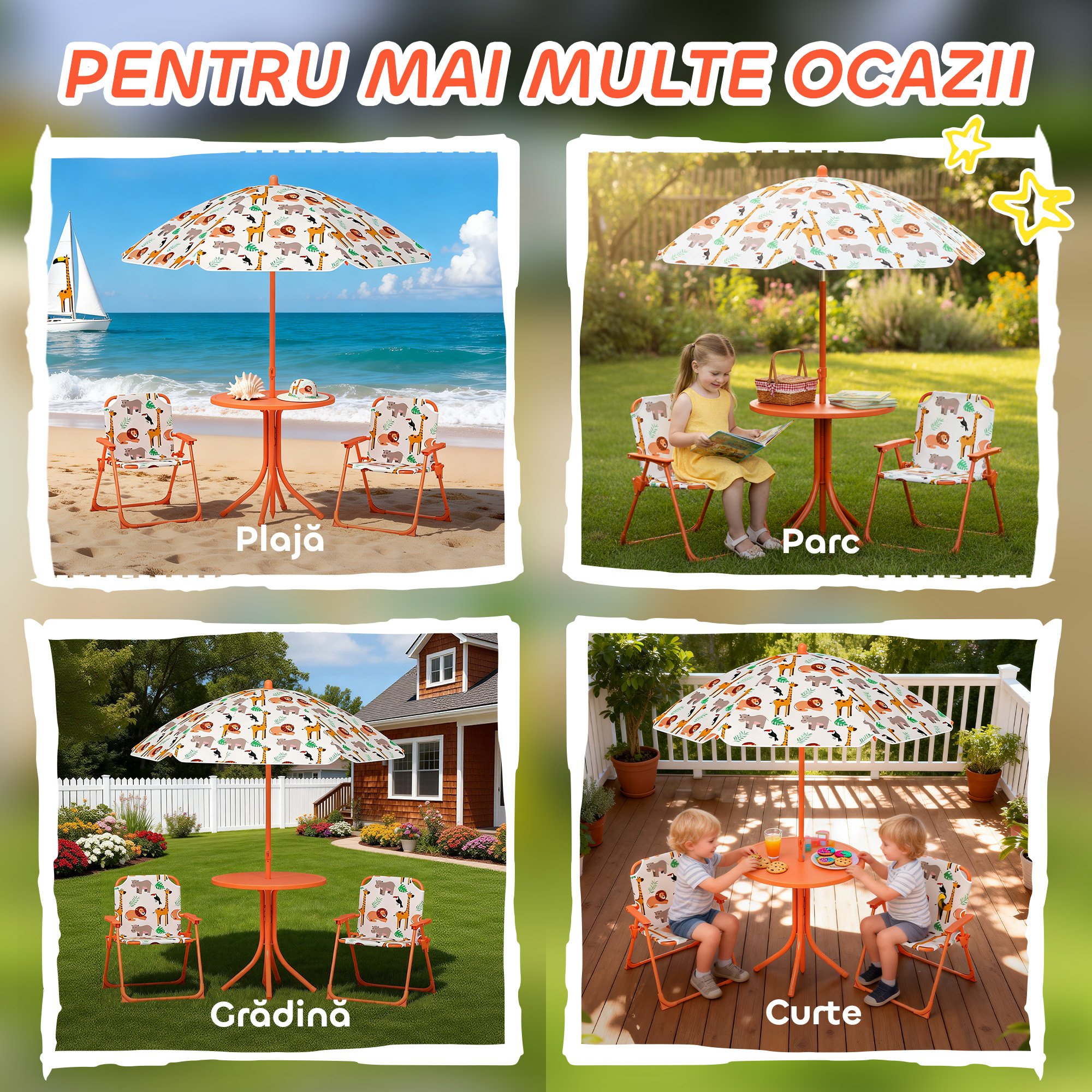  Masa de Picnic pentru Copii, Set Masa si Scaune cu 2 Scaune Pliabile si Umbrela Detasabila, Tematica Jungla, Mobilier de Exterior pentru Gradina, Patio, Portocaliu [6]