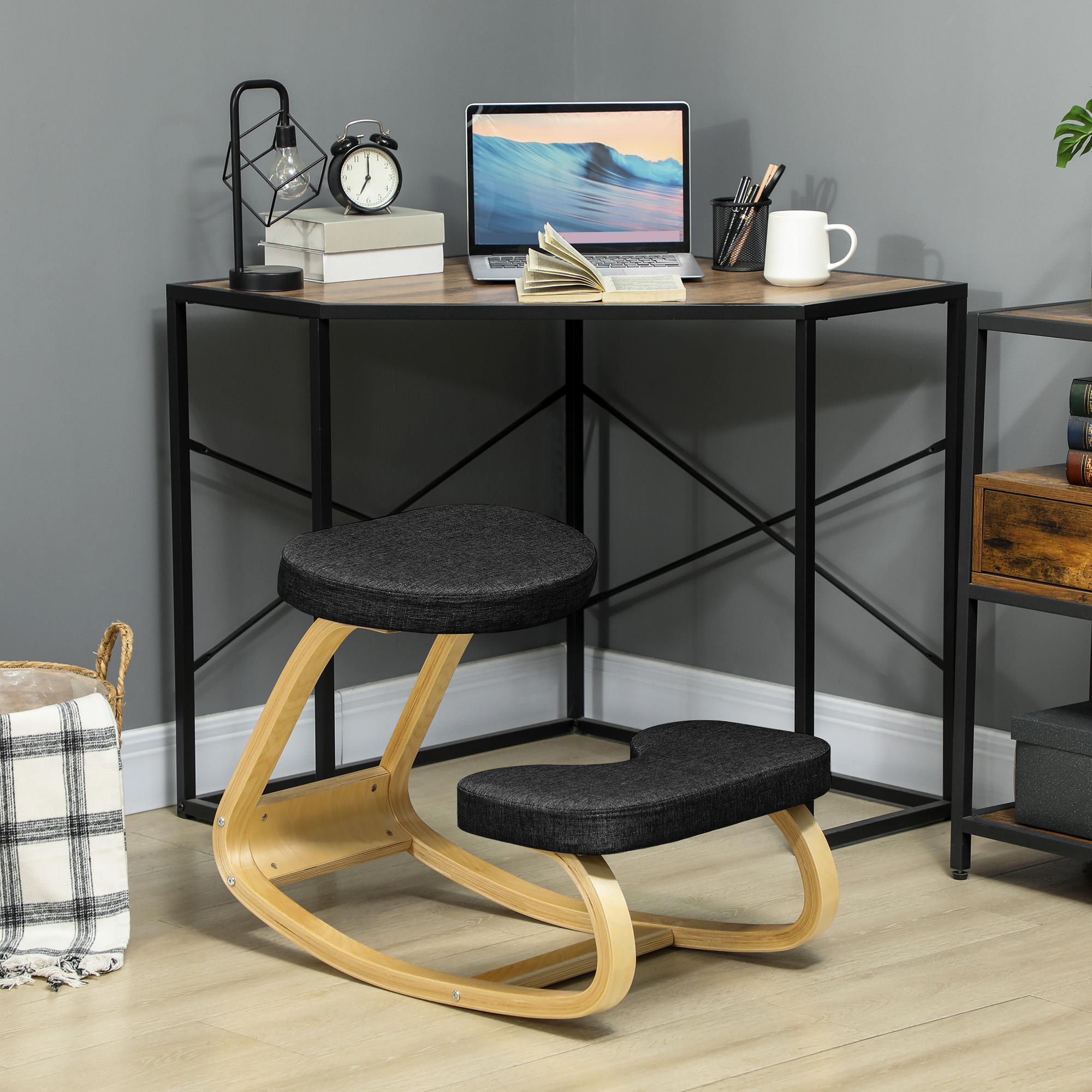  Scaun Genunchi cu Miscare de Balans, in tesatura Efect de In si Lemn de Mesteacan, 50x73x55 cm, Negru [1]