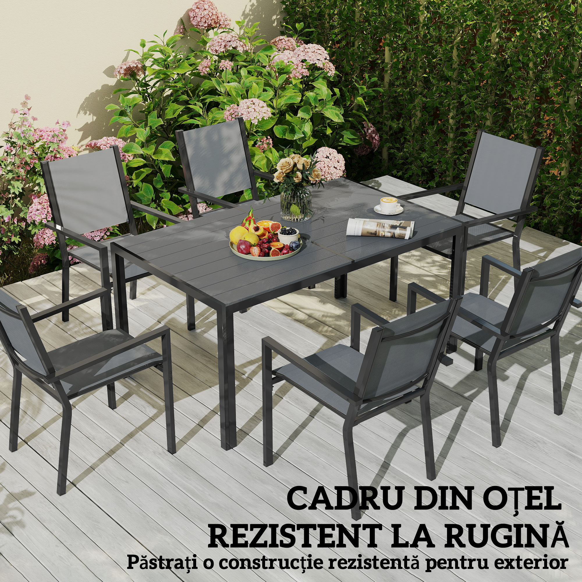  Set Masa de Gradina cu Scaune, 7 Piese, Set de Pranz cu Masa cu Blat din Lemn Compozit cu sipci si 6 Scaune de Exterior Stivuibile, Mobilier din Otel cu Texteline, Gri si Negru [5]