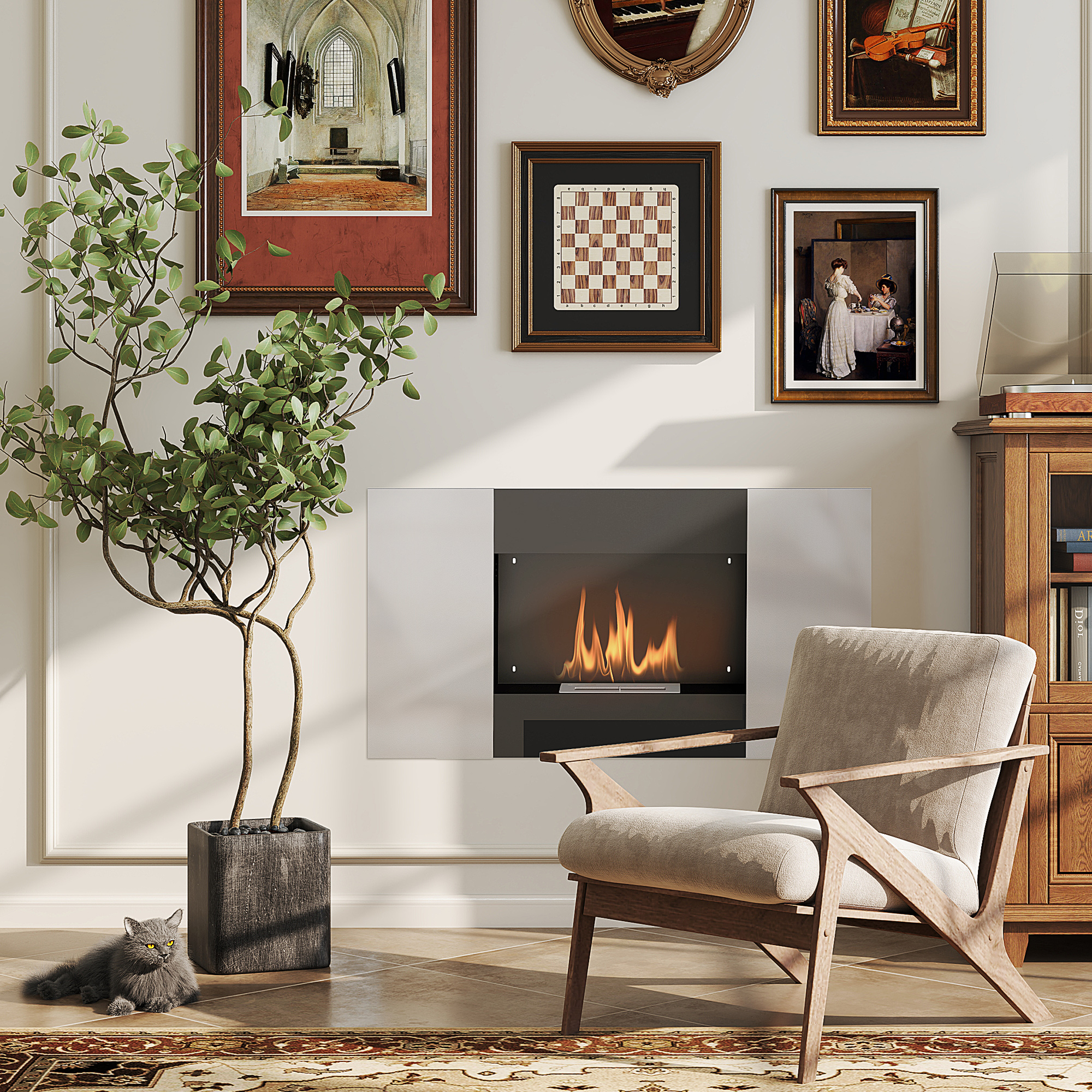  semineu pe Bioetanol de 0,9L pentru Durata de 3,3 ore, Biosemineu incastrabil din Otel si Sticla, 100x15x54 cm, Negru [1]