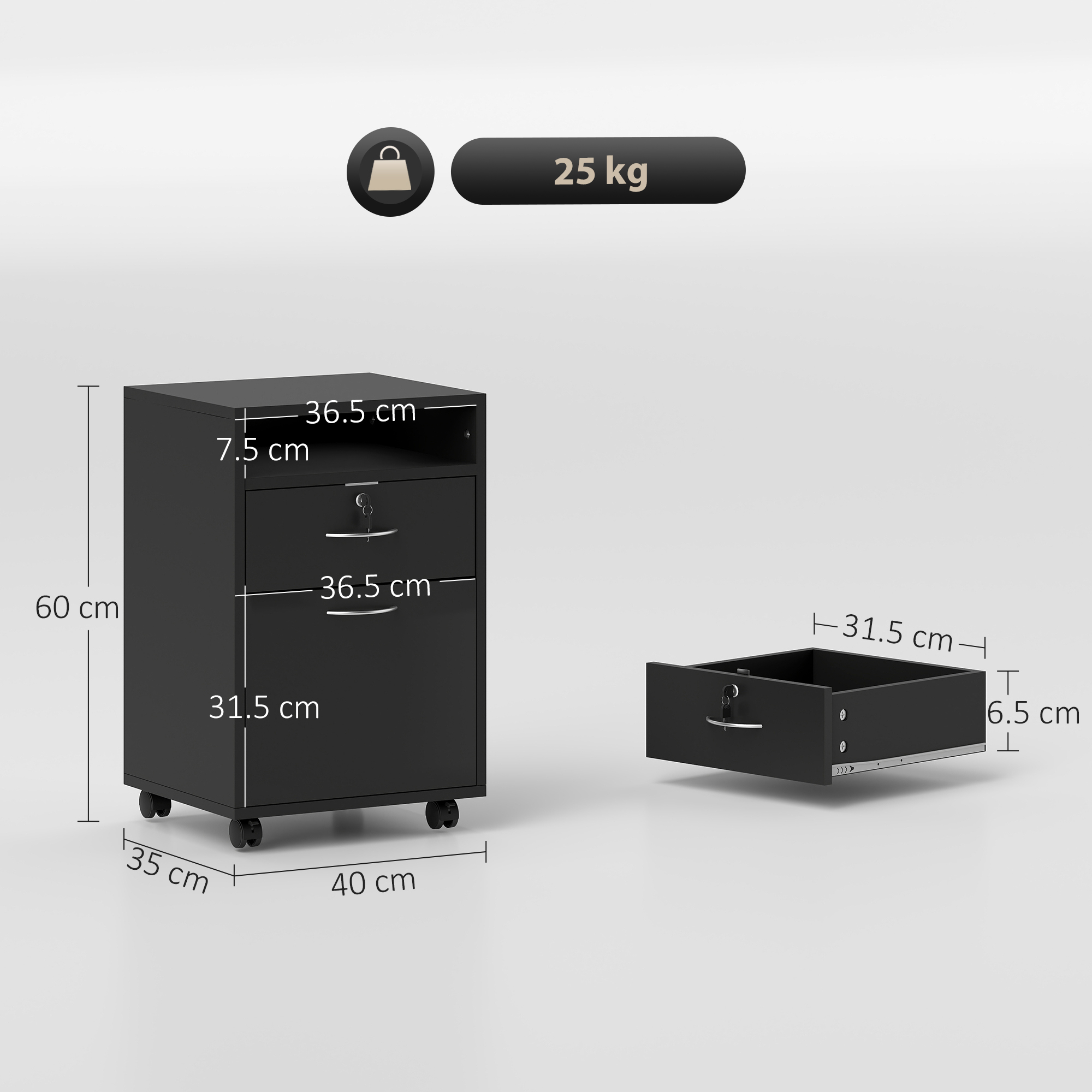 Dulap de Birou  din Lemn cu Raft Deschis, Sertar cu incuietoare si Dulap, 40x35x60 cm, Negru [2]