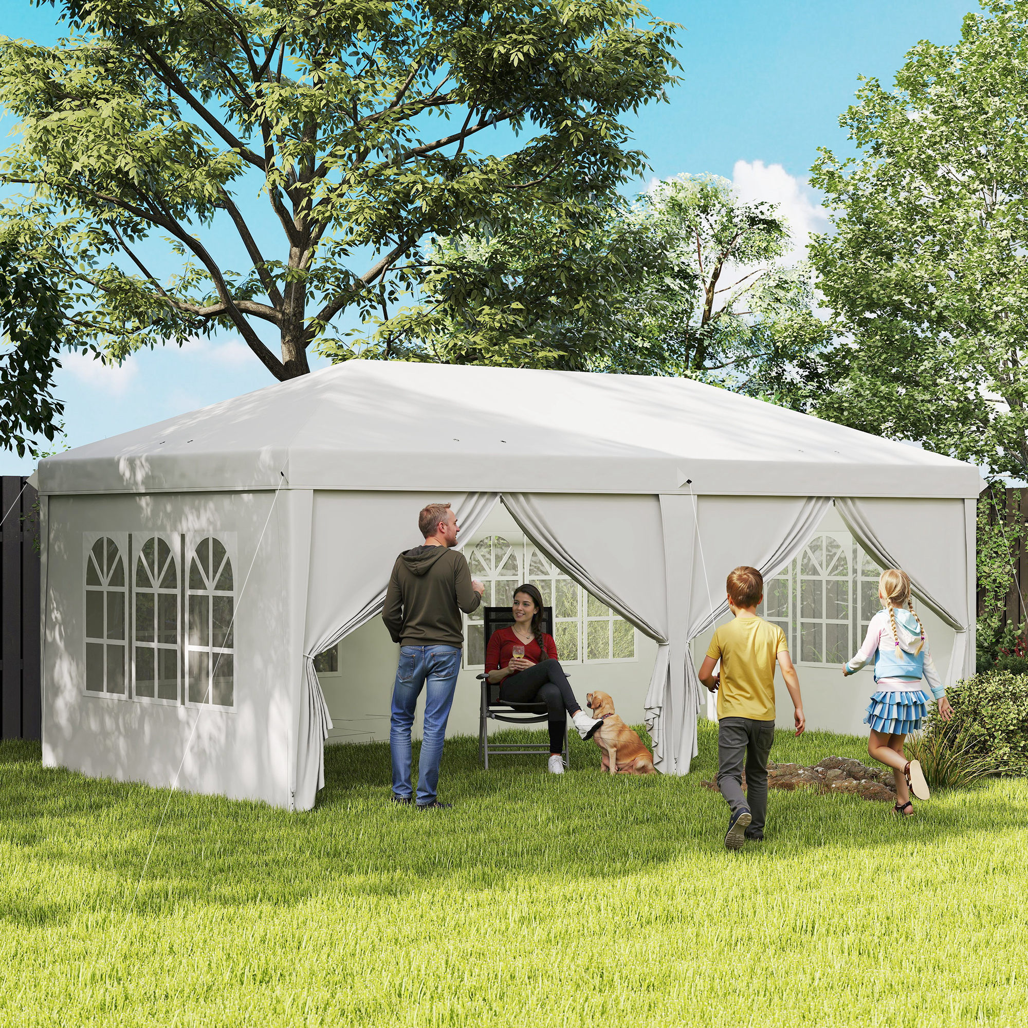  Pavilion 6x3 m pliabil de gradina cu 6 pereti laterali din otel si material Oxford, cu franghii si tarusi, alb [1]